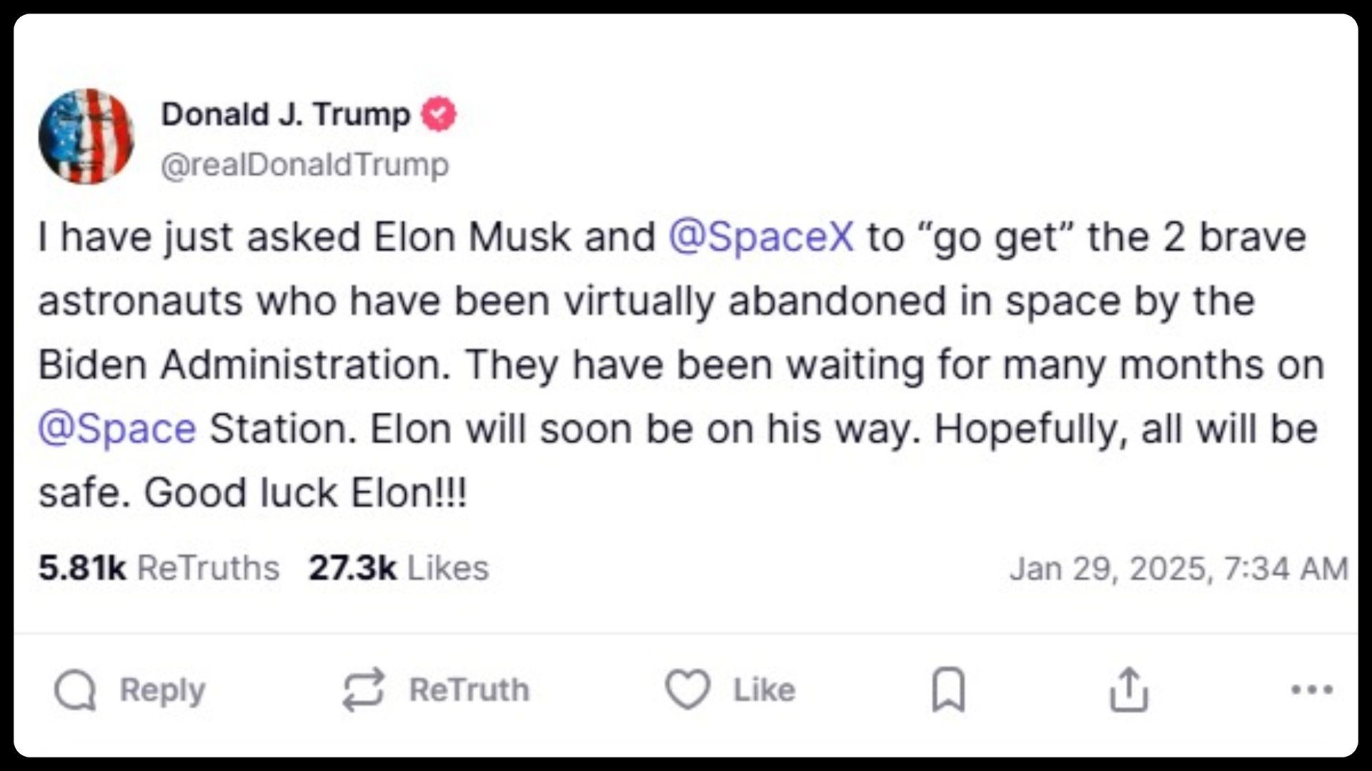 Trump asked Elon Musk to bring the stranded astronauts from the ISS (Image via Truth Social/@realDonaldTrump)