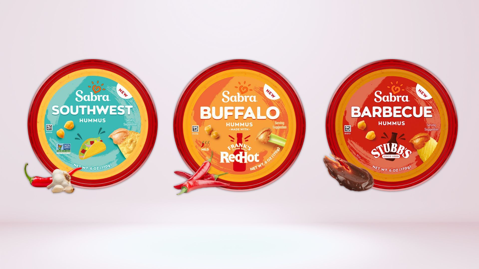 Buffalo Hummus, BBQ Hummus, and Southwest Hummus (Image via Sabra)