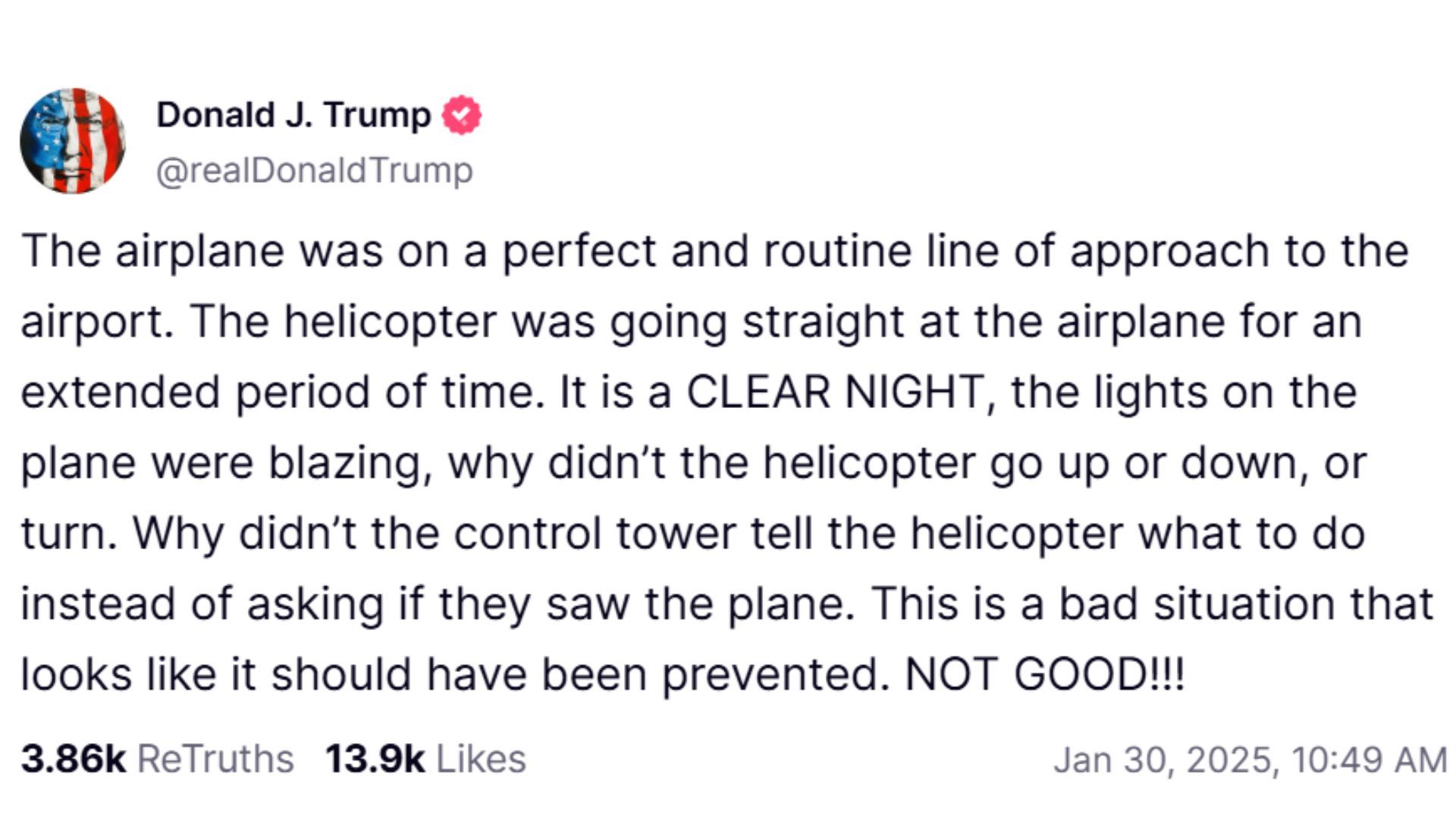 Trump used his Truth Social account to speculate about the Washington DC plane crash (Image via Truth Social/@realDonaldTrump)