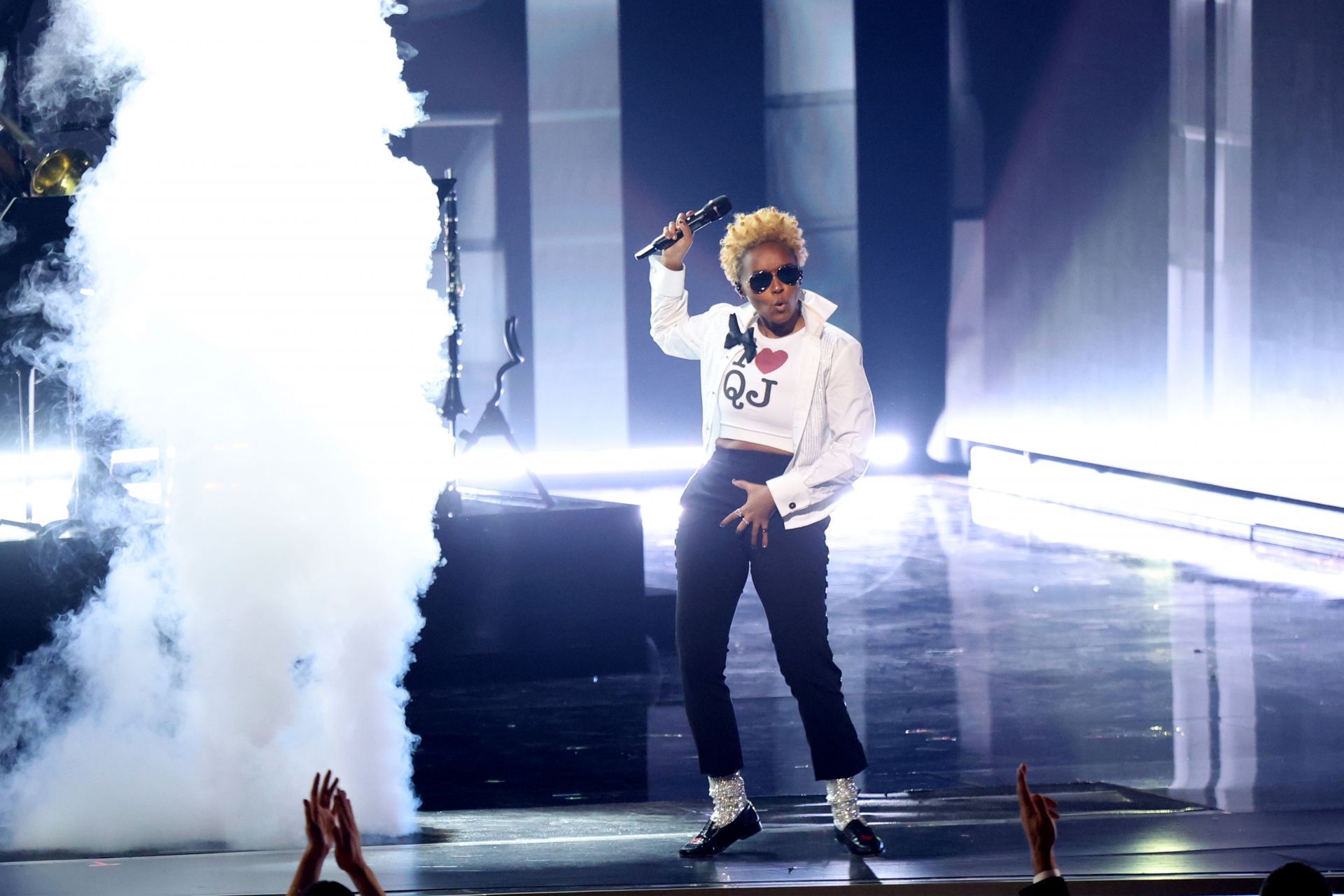 Janelle Mon&aacute;e performs onstage during the 67th GRAMMY Awards at Crypto.com Arena on February 02, 2025, in Los Angeles, California, wearing a top that read &quot;I ❤️ QJ&quot; as a tribute to Quincy Jones. (Photo by JC Olivera/WireImage)