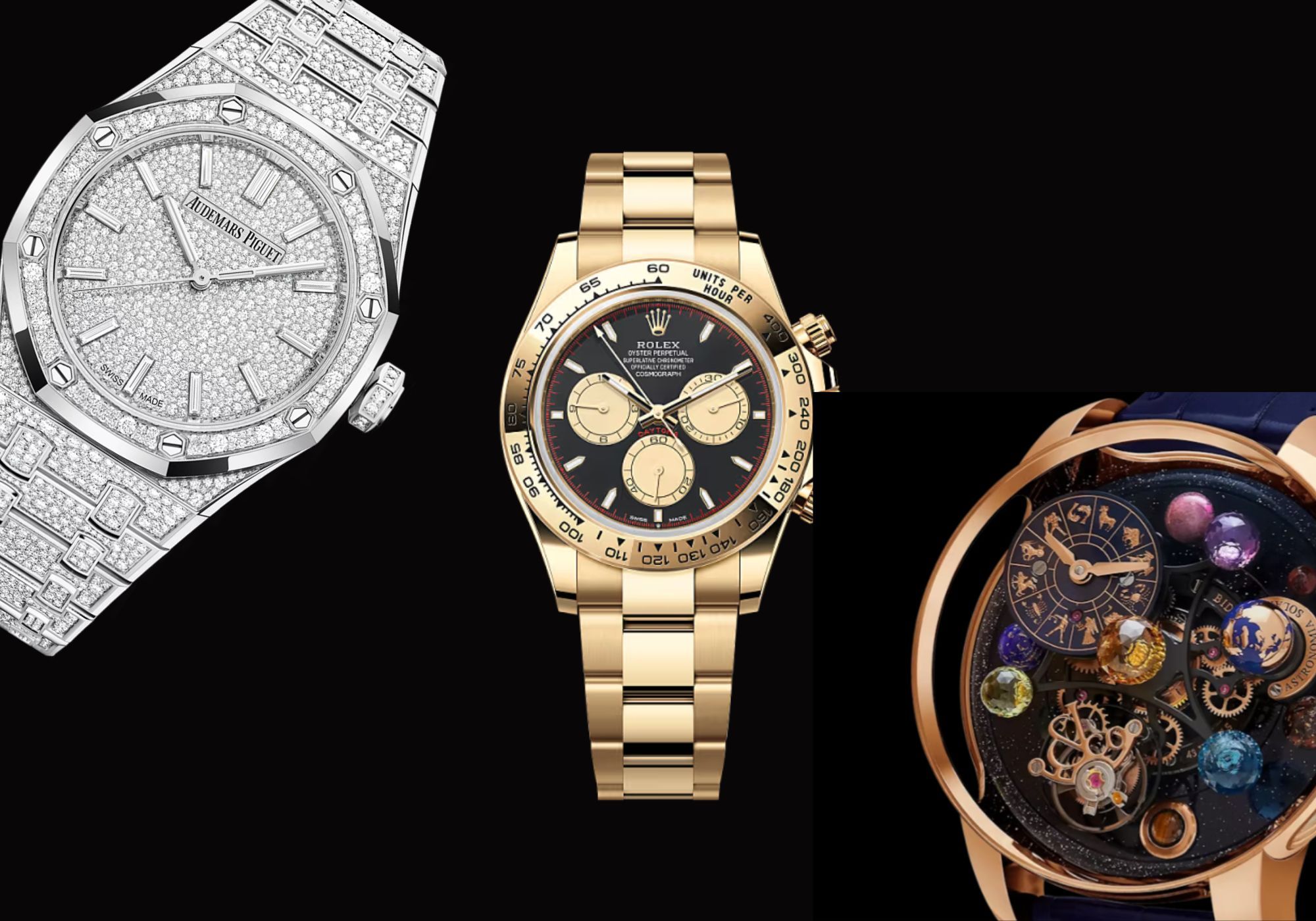 Celebrity watches in Super Bowl 2025 (Image via Rolex, Augemars Piguet, Jacob &amp; Co)