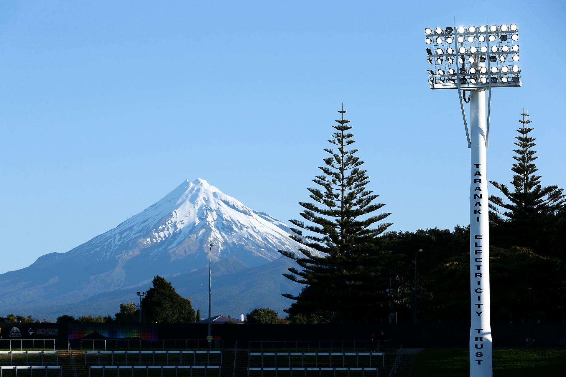 A general view of Yarrow Stadium and Mount Taranaki (Photo by Hagen Hopkins/Getty Images)