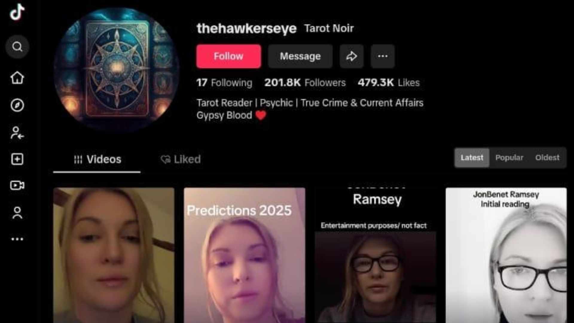 Tarot Noir&#039;s TikTok account has witnessed more engagement after her video went viral (Image via TikTok/@thehawkerseye)