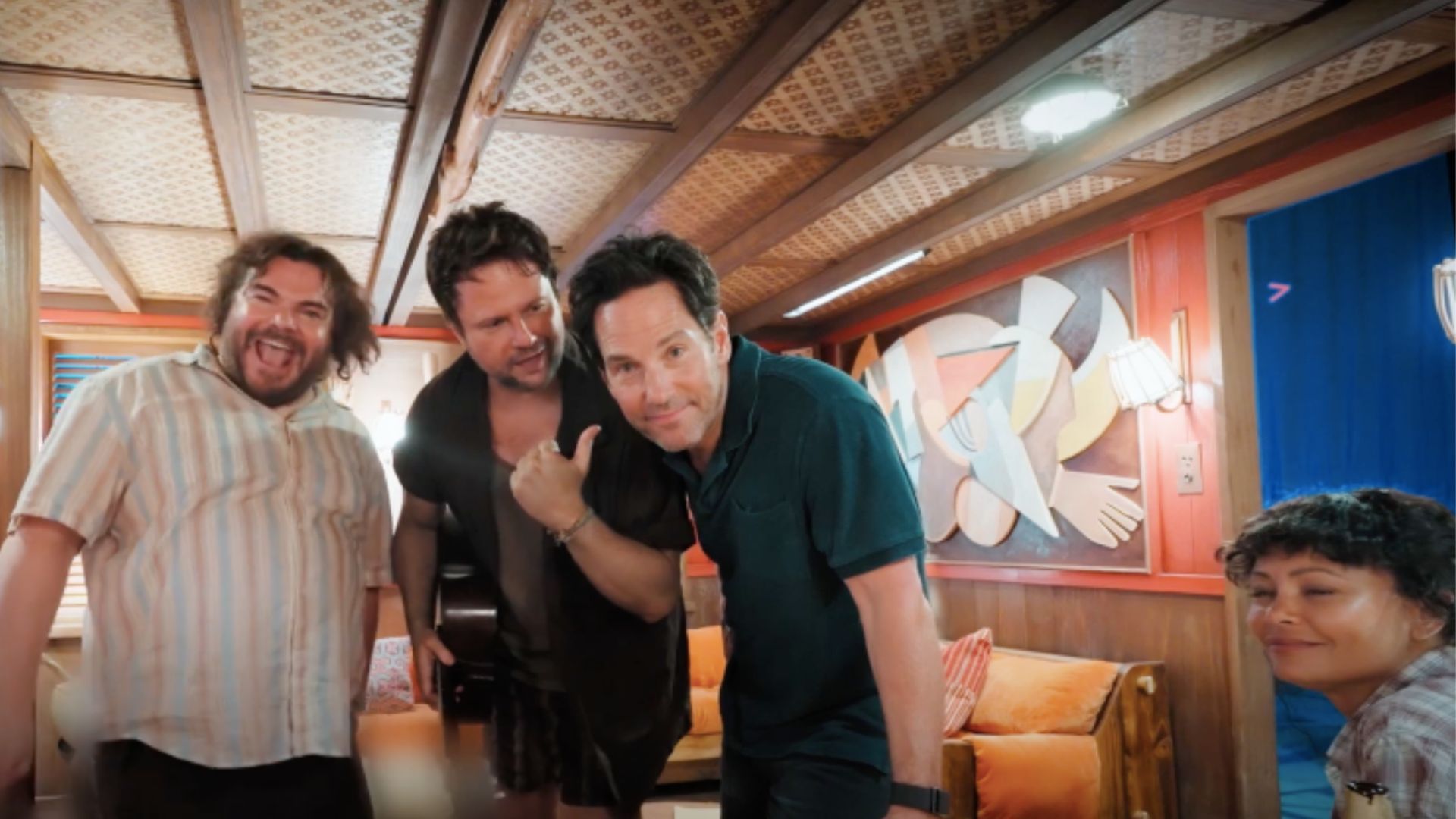 This is an image of the cast of Anaconda: Jack Black, Selton Mello, Paul Rudd and Thandiwe Newton (left to right)