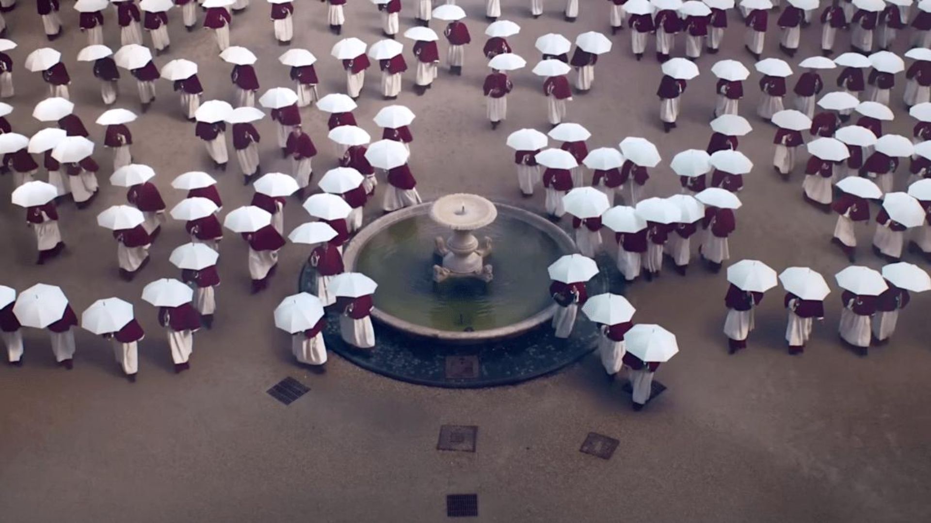 The white umbrellas in Conclave (Image via Apple TV+)