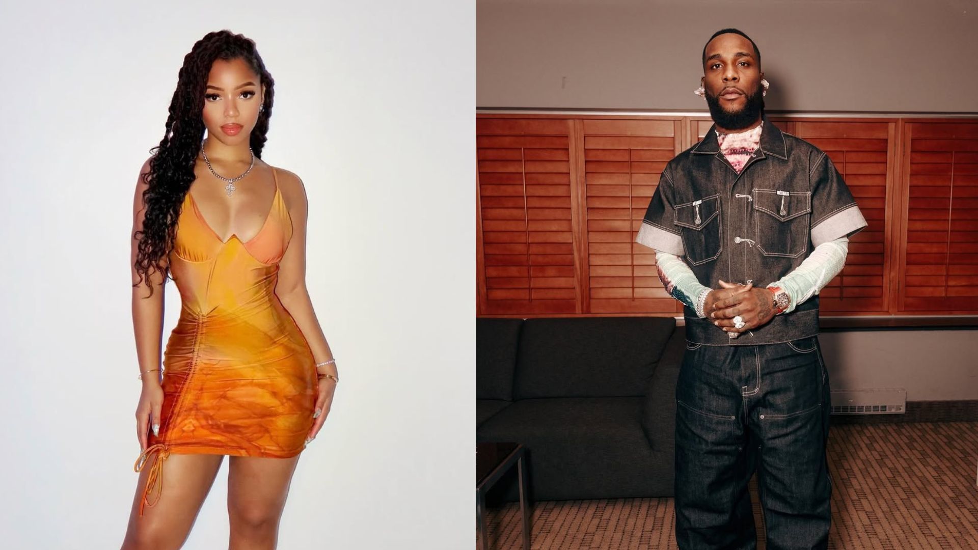 &quot;They are really dating? &quot; - Internet reacts to video of Burna Boy and Chloe Bailey getting matching wristwatches at dinner date  (Image via Instagram/@chloebailey @burnaboygram)