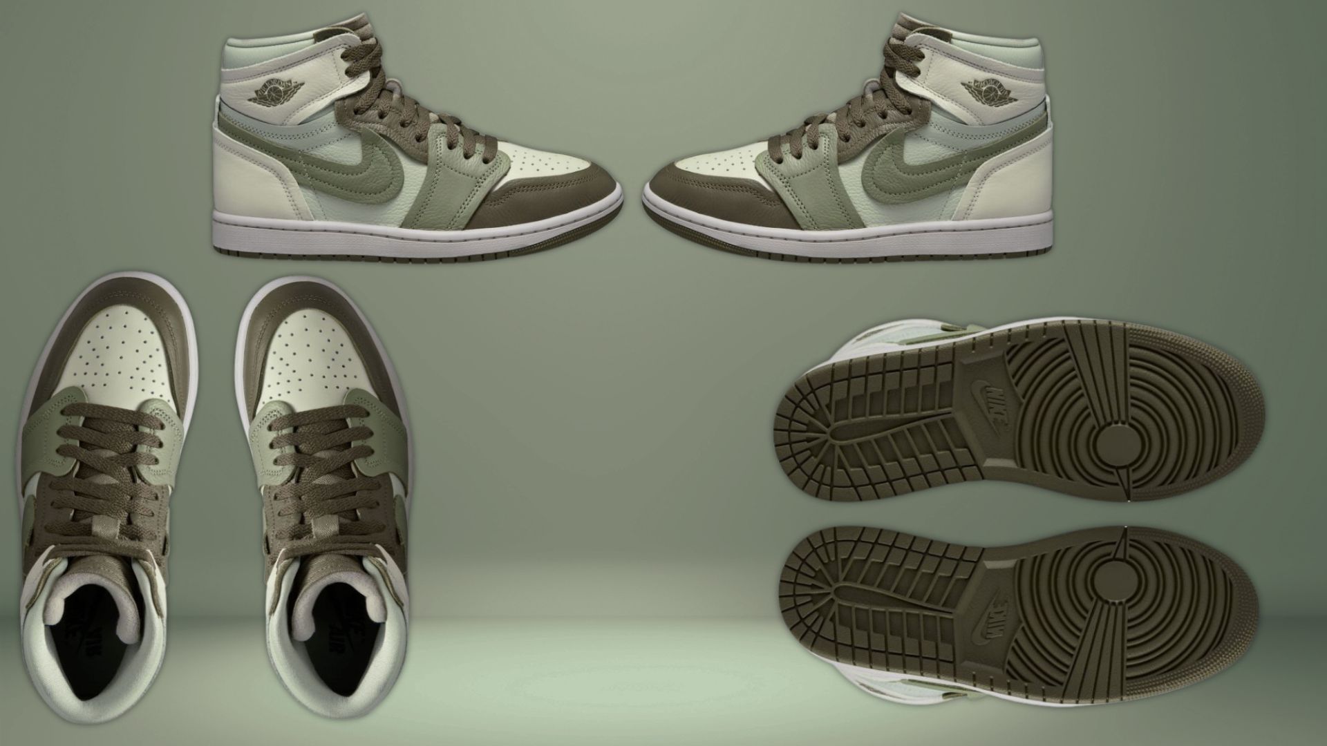 Numerous news sites have released unofficial pictures of the Air Jordan 1 Method of Make &quot;Medium Olive/Sea Glass/ Seafoam&quot; sneakers (Image via Shiekh)