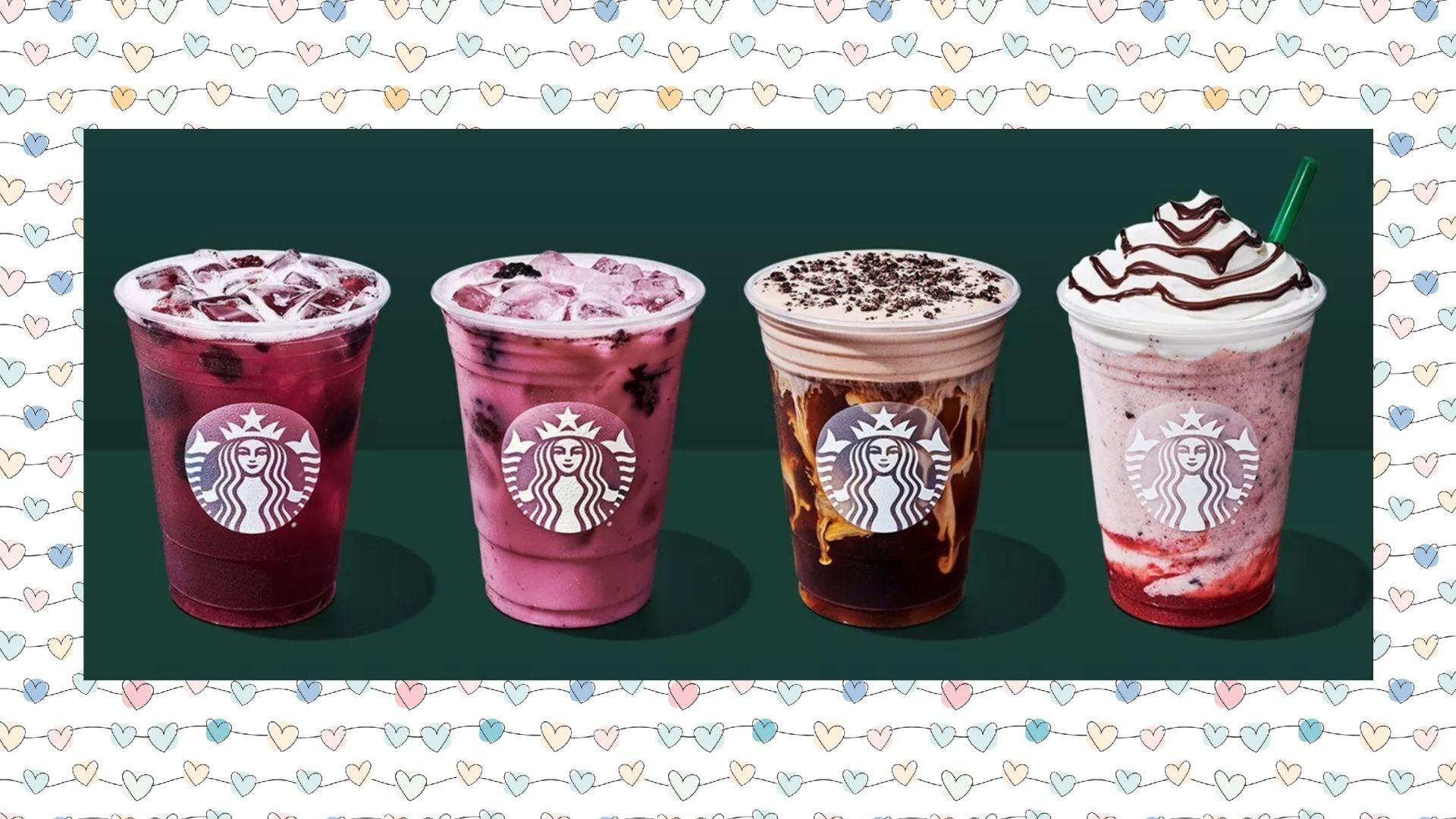 From left to right: Blackberry Sage Refresher, Midnight Drink, Hazelnut Cookie Cold Brew, and Chocolate-covered Strawberry Creme Frappuccino. (Image via Starbucks)