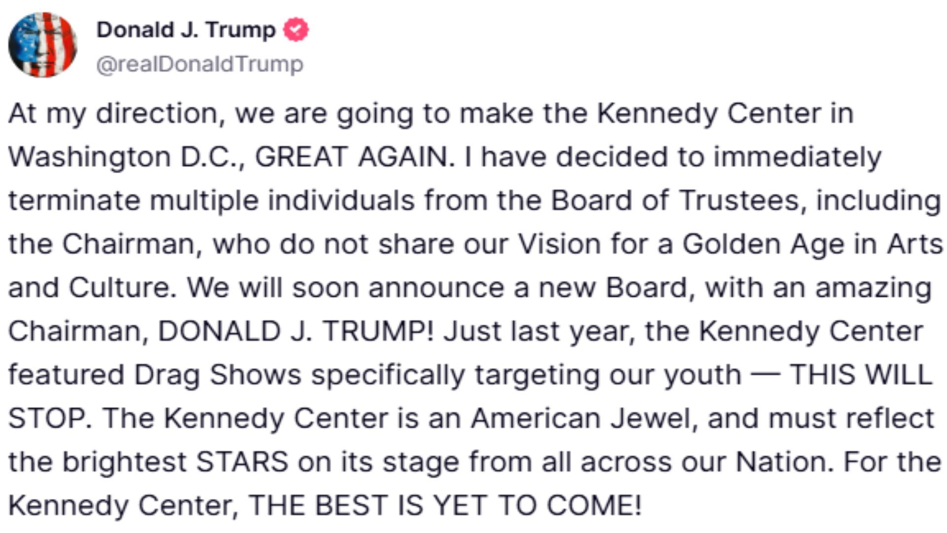 Trump&#039;s recent announcement regarding the cultural center in Washington DC (Image via Truth Social/@realDonaldTrump)