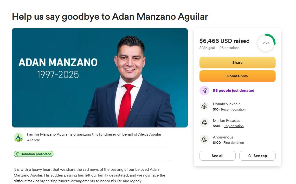 Adan Manzano&#039;s GoFundMe (image via GoFundMe)