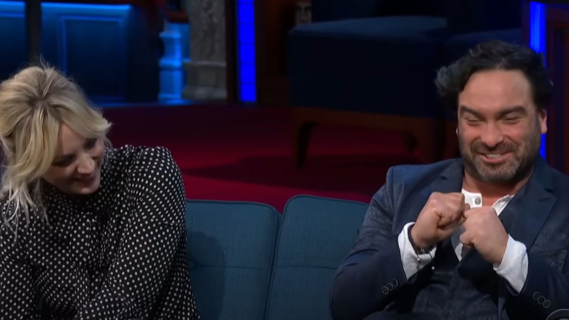 Johnny Galecki and Kaley Cuoco on The Late Show with Stephen Colbert (image via YouTube/@The Late Show with Stephen Colbert)
