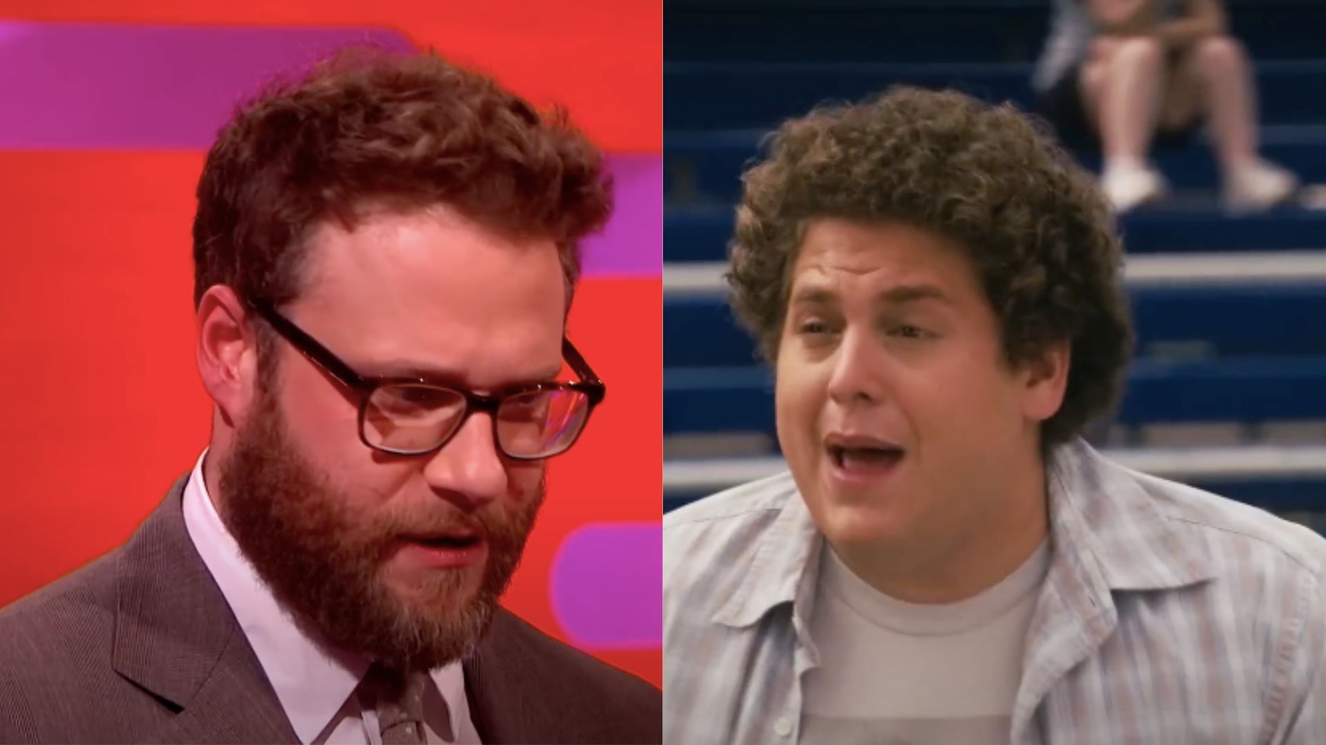 This is a collage of the images of actors Seth Rogen (L) and Jonah Hill (R) 