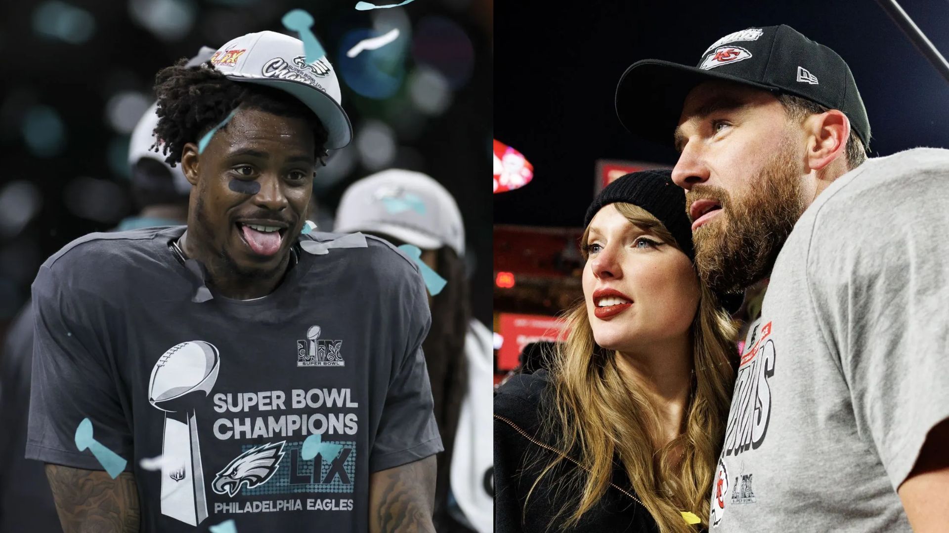 C. J. Gardner-Johnson, Taylor Swift &amp; Travis Kelce - Source: Kara Durrette/Getty Images, Photo by Brooke Sutton/Getty Images