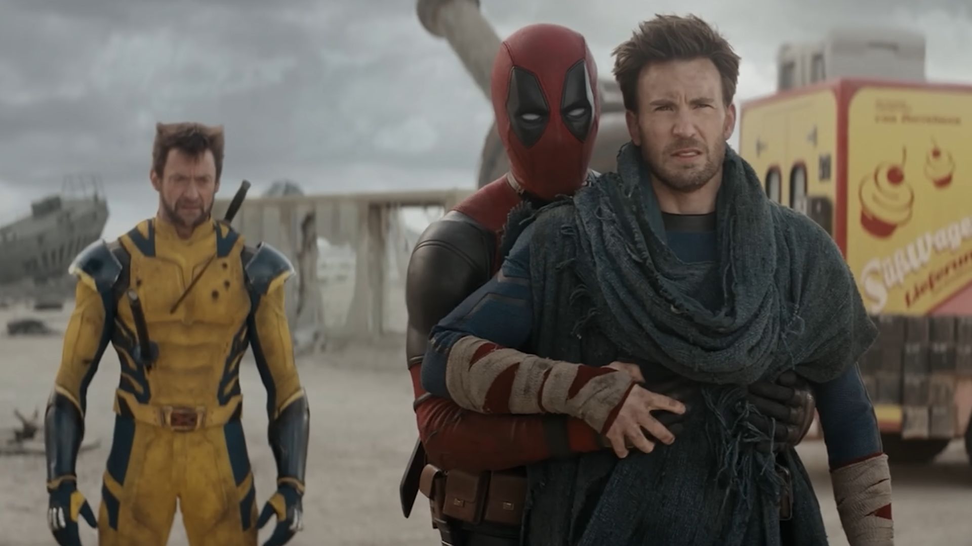 Deadpool hugs Johnny Flame from behind