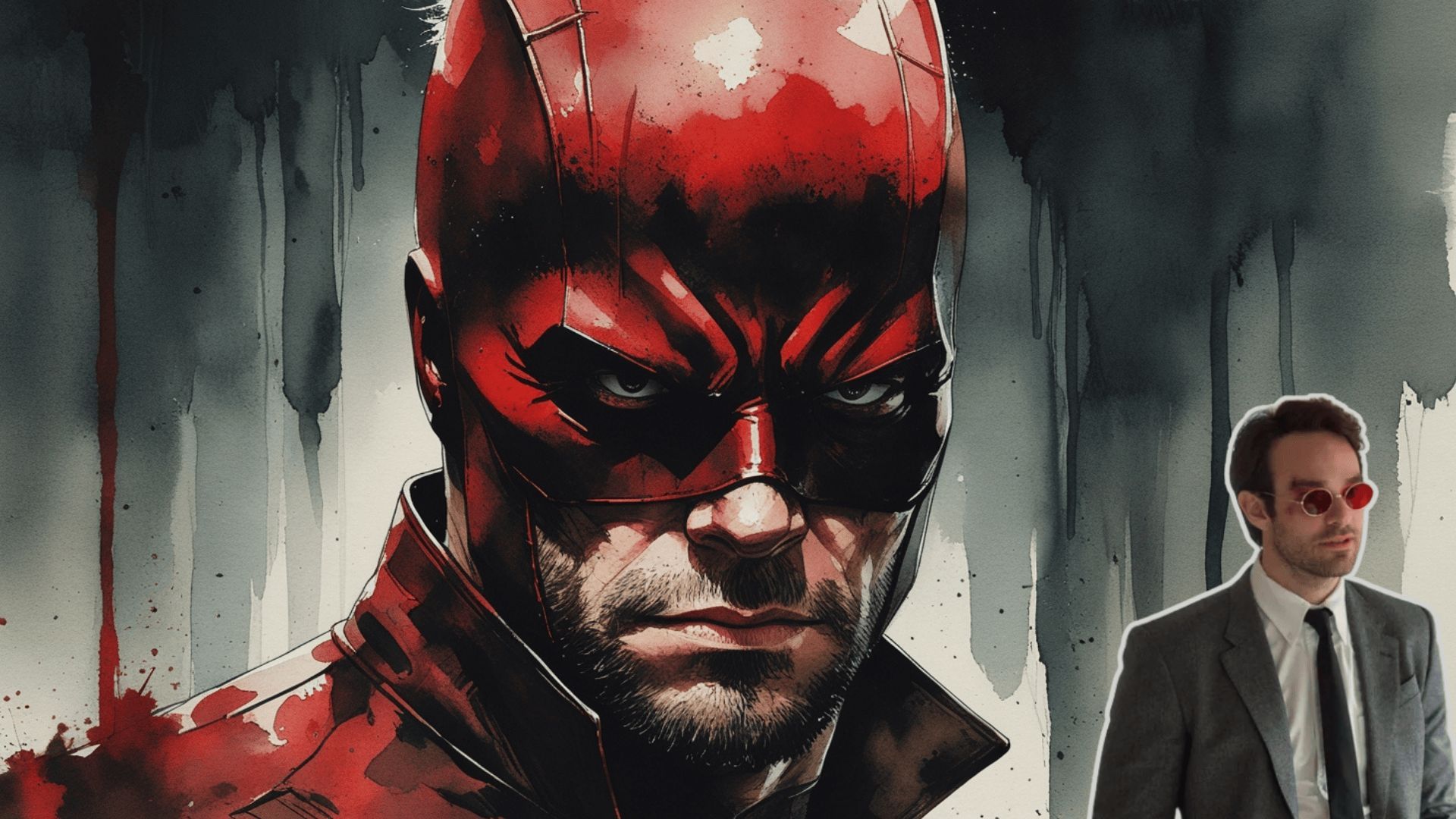 Collage of Matt Murdock on an original fan art of Daredevil by Beatrix Kondo of Soap Central