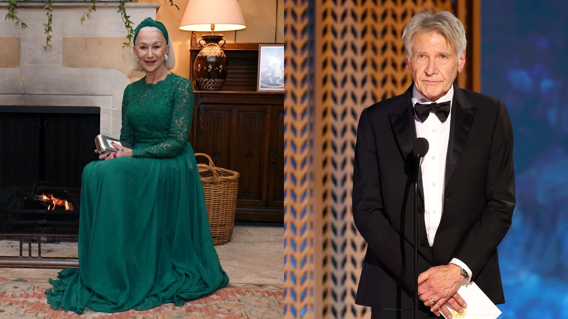 Helen Mirren &amp; Harrison Ford - Source: Photo by Finnbarr Webster/Getty Images, Photo by Matt Winkelmeyer/Getty Images