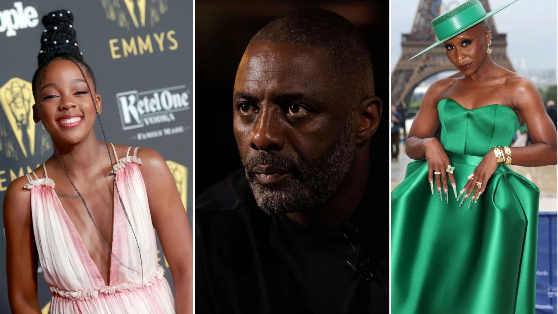 Custom collage with pictures of Thuso Mbedu, Idris Elba, and Cynthia Erivo