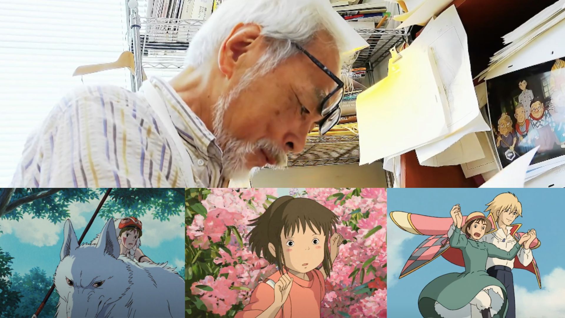 This is a collage of artist and filmmaker Hayao Miyazaki and his creations. In the top, there is Hayao Miyazaki