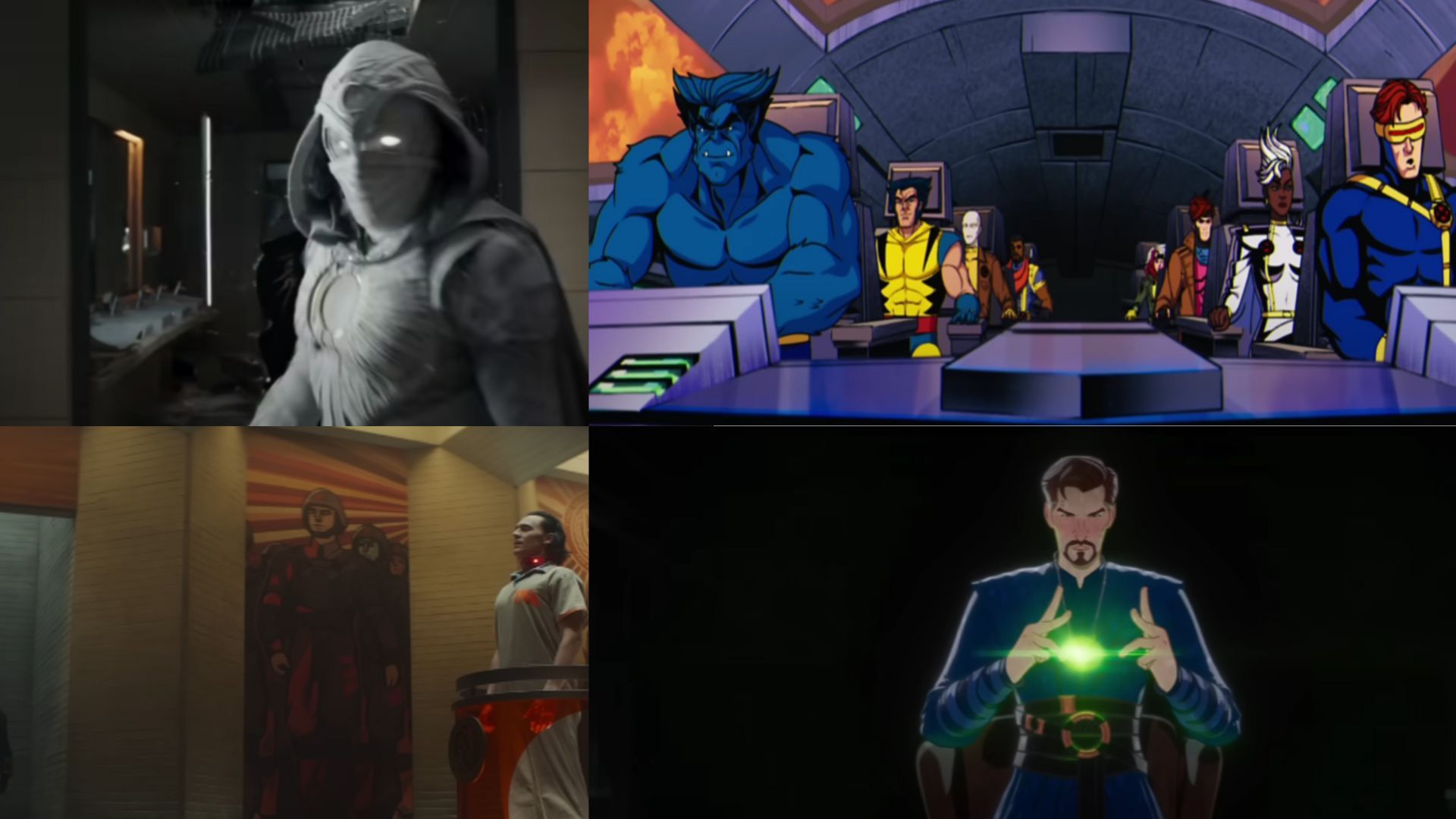 Moon Knight | Image Via: Marvel Studios, Loki | Image Via: Marvel Studios, X Men 97 | Image Via: Marvel Studios, What If? | Image Via: Marvel Studios