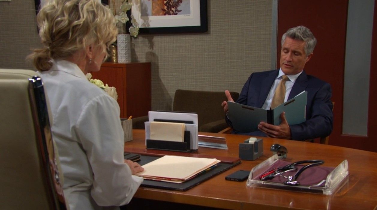 Jeffrey (Michael Dietz) gave Kayla (Mary Beth Evans) upsetting news. \Image: Peacock