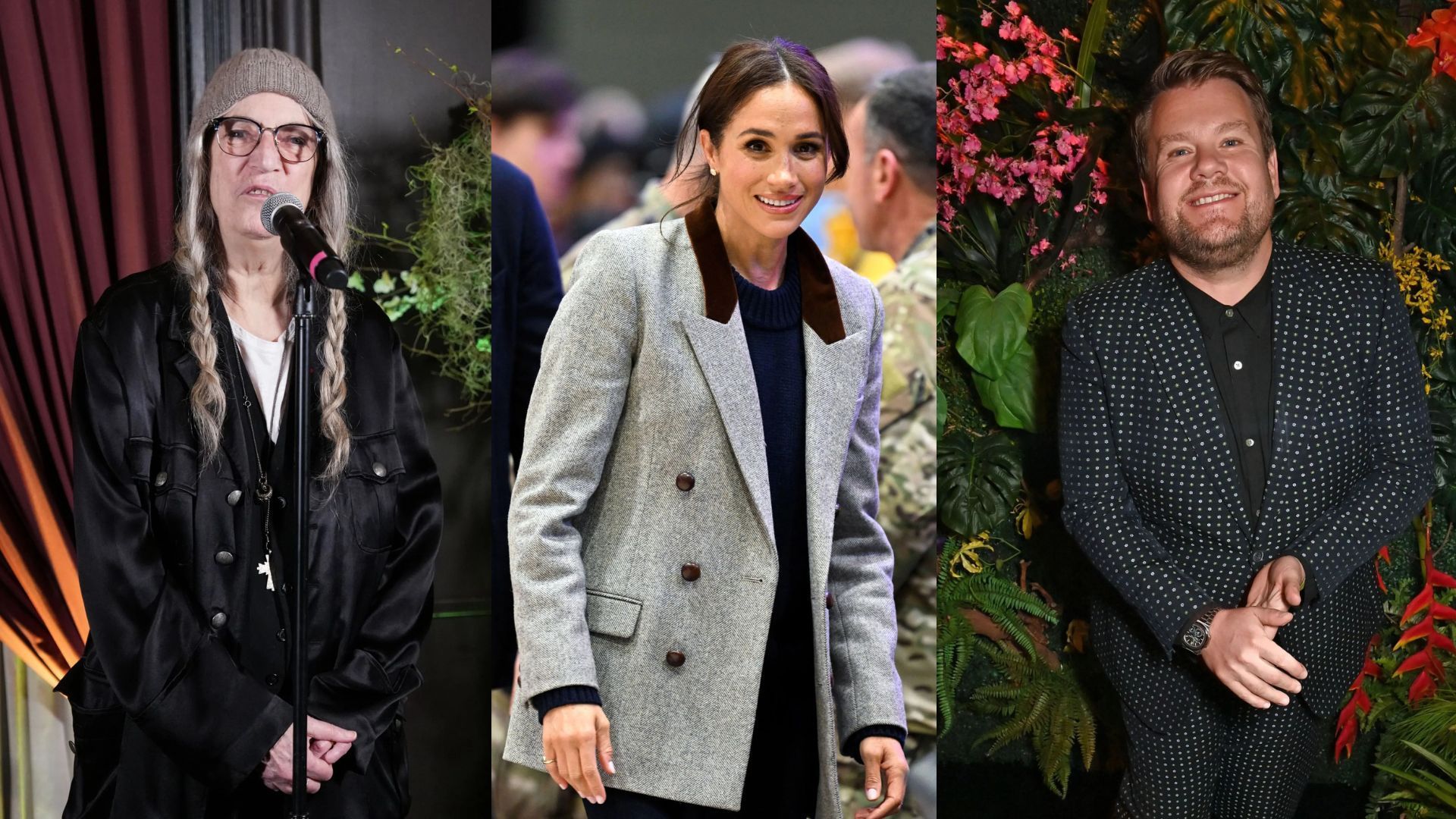 (L-R) Patti Smith, Meghan Markle and James Corden (Source: Getty images)