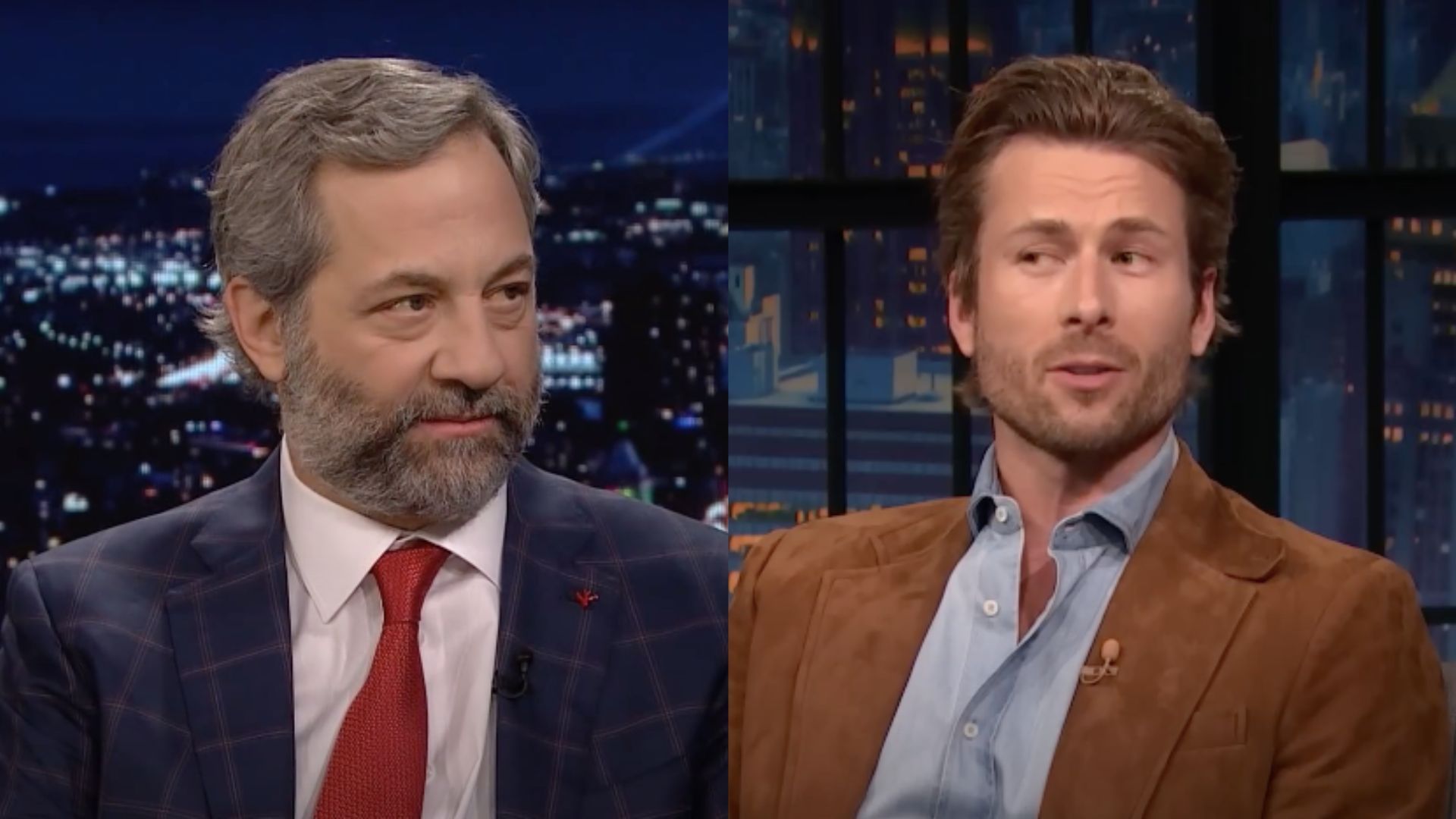This is a collage of the images of Judd Apatow (left) and Glen Powell (right)