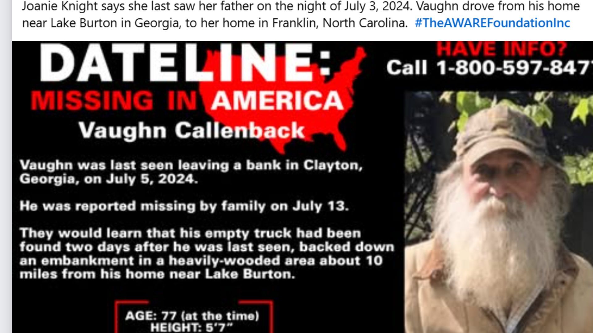 Dateline: Missing In America - What happened to Vaughn Callenback? Disturbing details of a missing elderly explored (Image Source - facebook/datelinenbc)