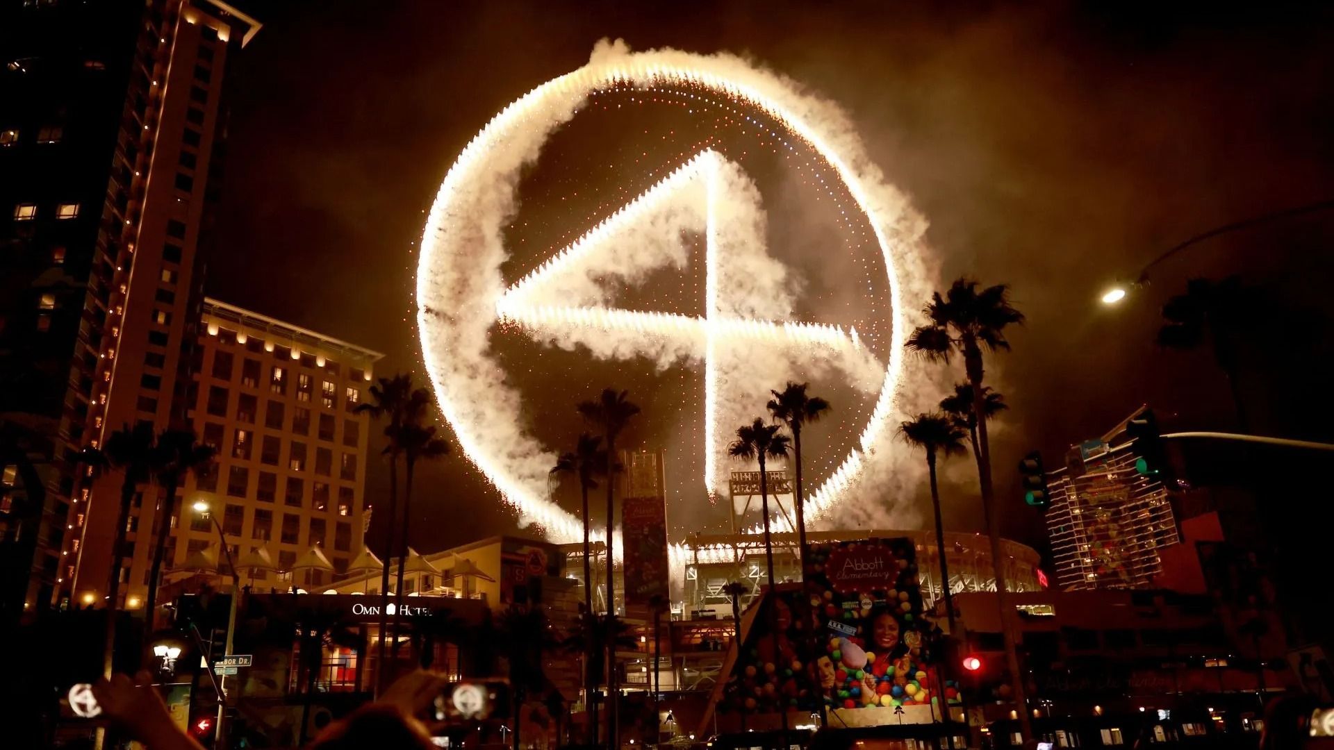 A drone and fireworks display showing the Fantastic Four logo - Source: Getty