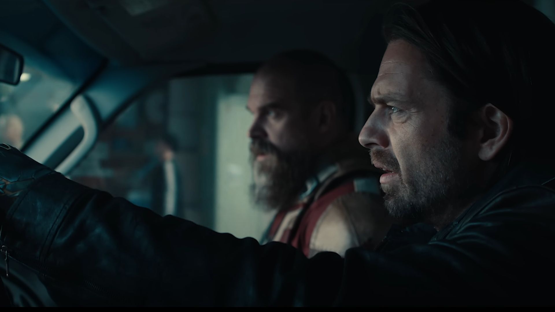 Bucky is seen driving and Red Guardian is in a passenger seat in a car in Thunderbolts