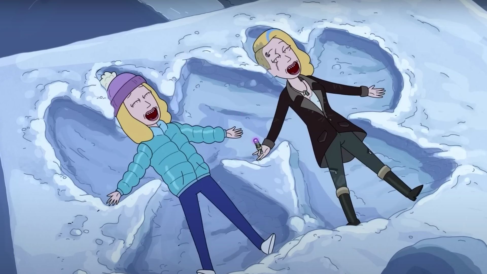 Beth and Space Beth in snow. (Screenshot from Anatomy of a Scene: Bethic Twinstinct, Rick and Morty, adult swim)