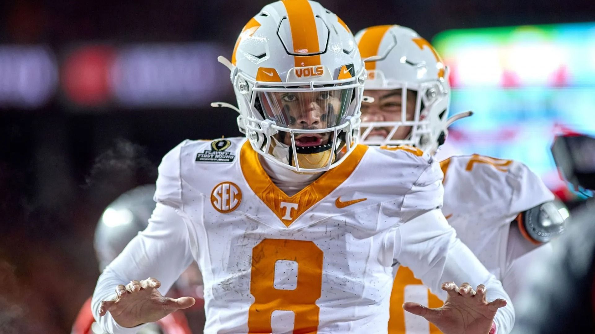 Nico Iamaleava #8 of the Tennessee Volunteers celebrates with teammates after scoring a touchdown in action- Source: Getty