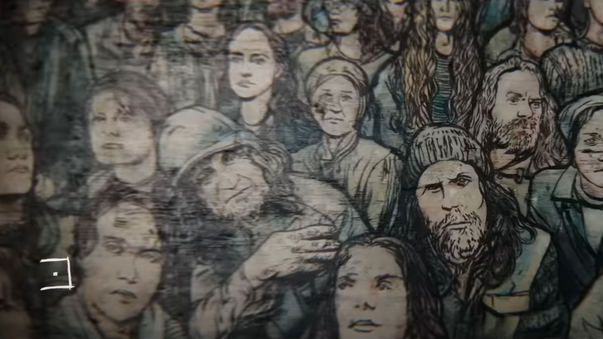 A portrait of people with a symbol on bottom left from 28 Years Later trailer