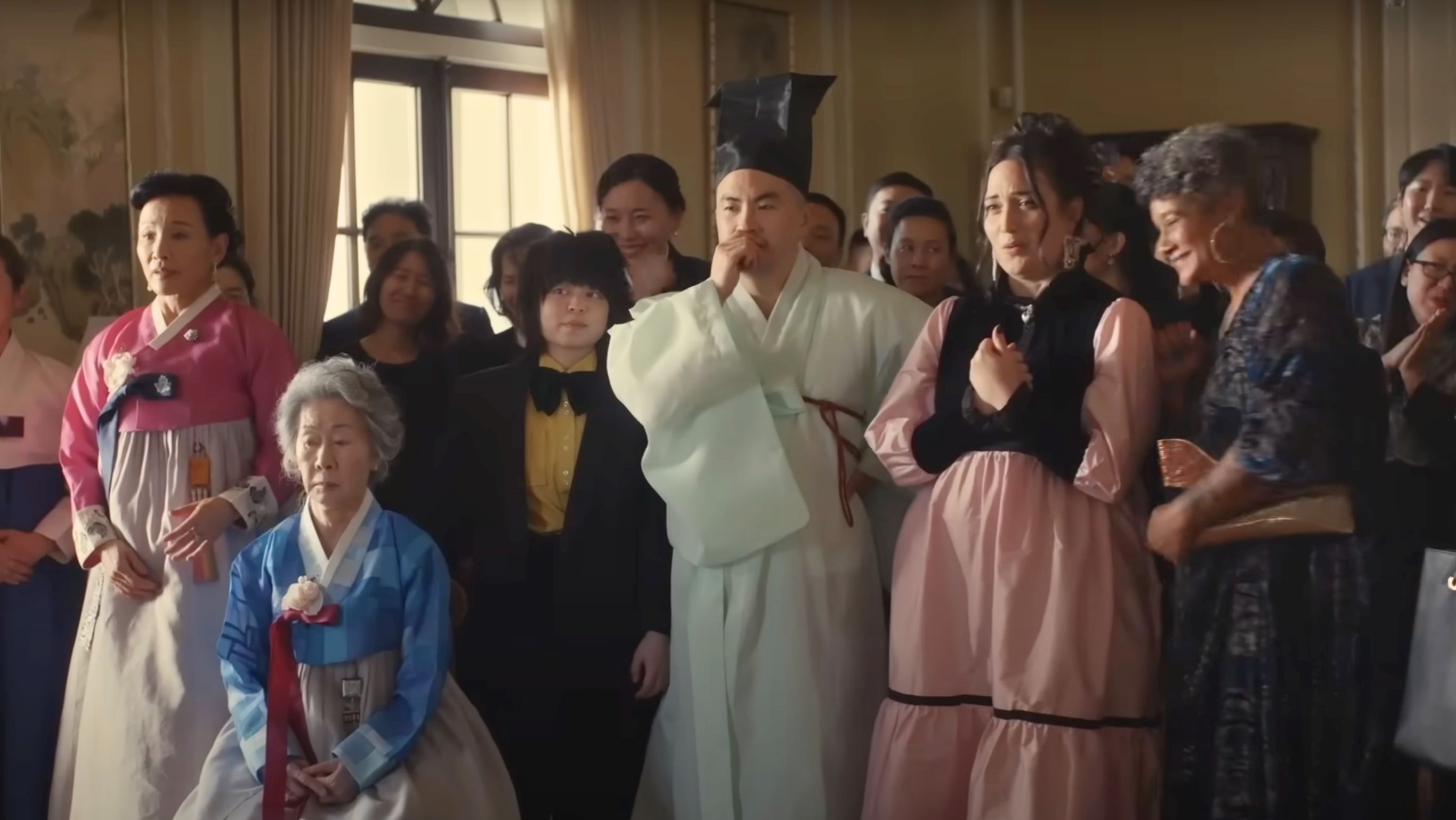 Lily Gladstone, Bowen Yang, and Joan Chen star in The Wedding Banquet remake (Image via YouTube/@BleeckerStFilms) 