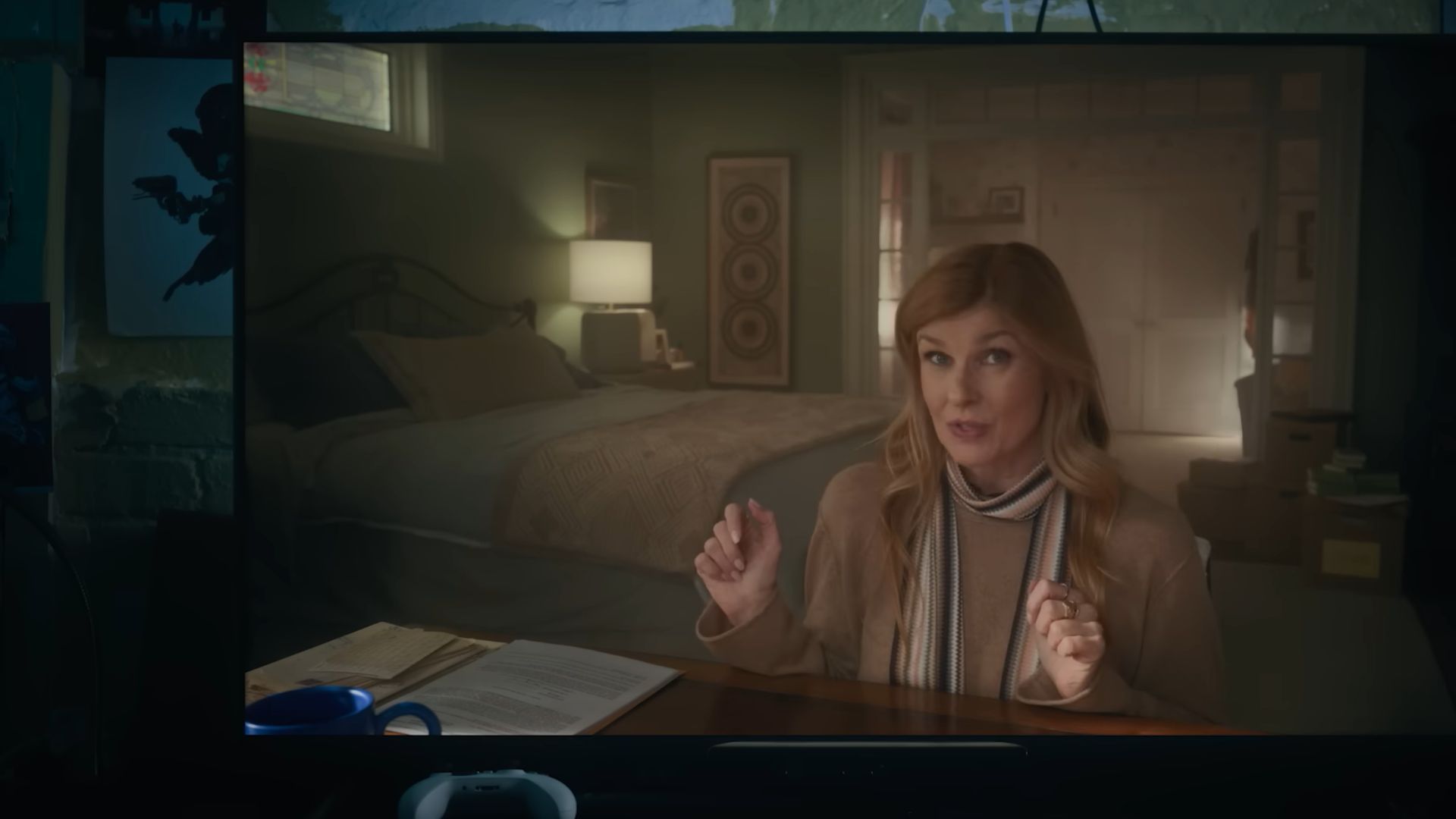A woman saying something on a TV