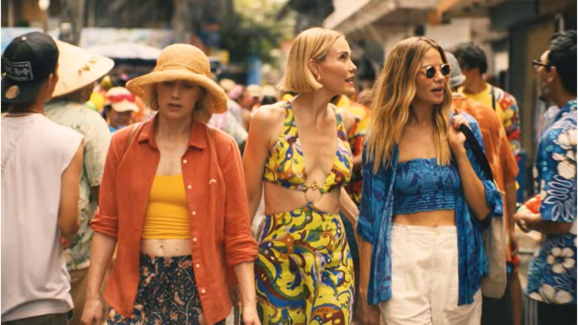Leslie Bibb, Michelle Monaghan, and Carrie Coon in The White Lotus (Image via HBO)