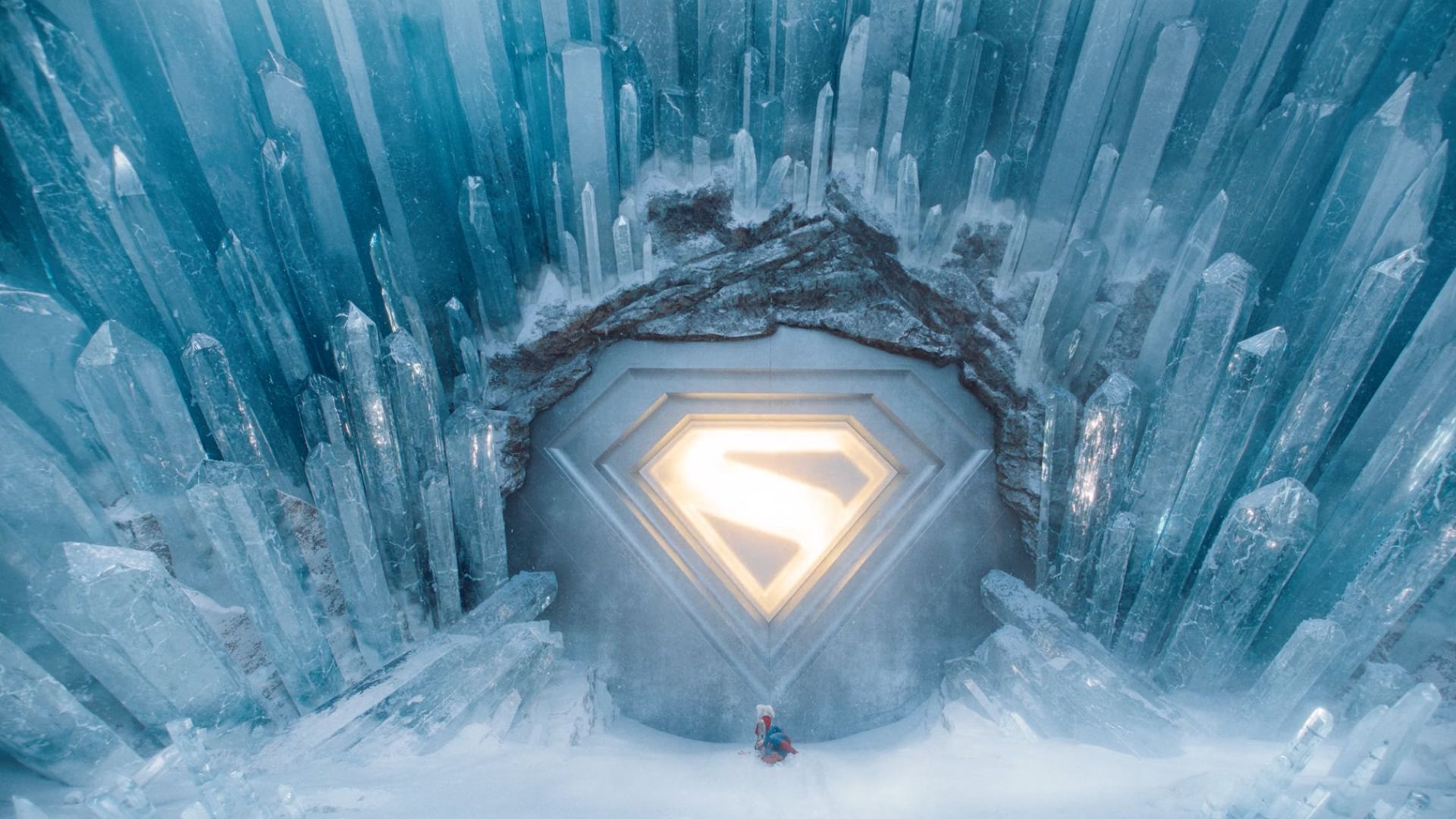 Krypto and Superman in front of the Fortress of Solitude