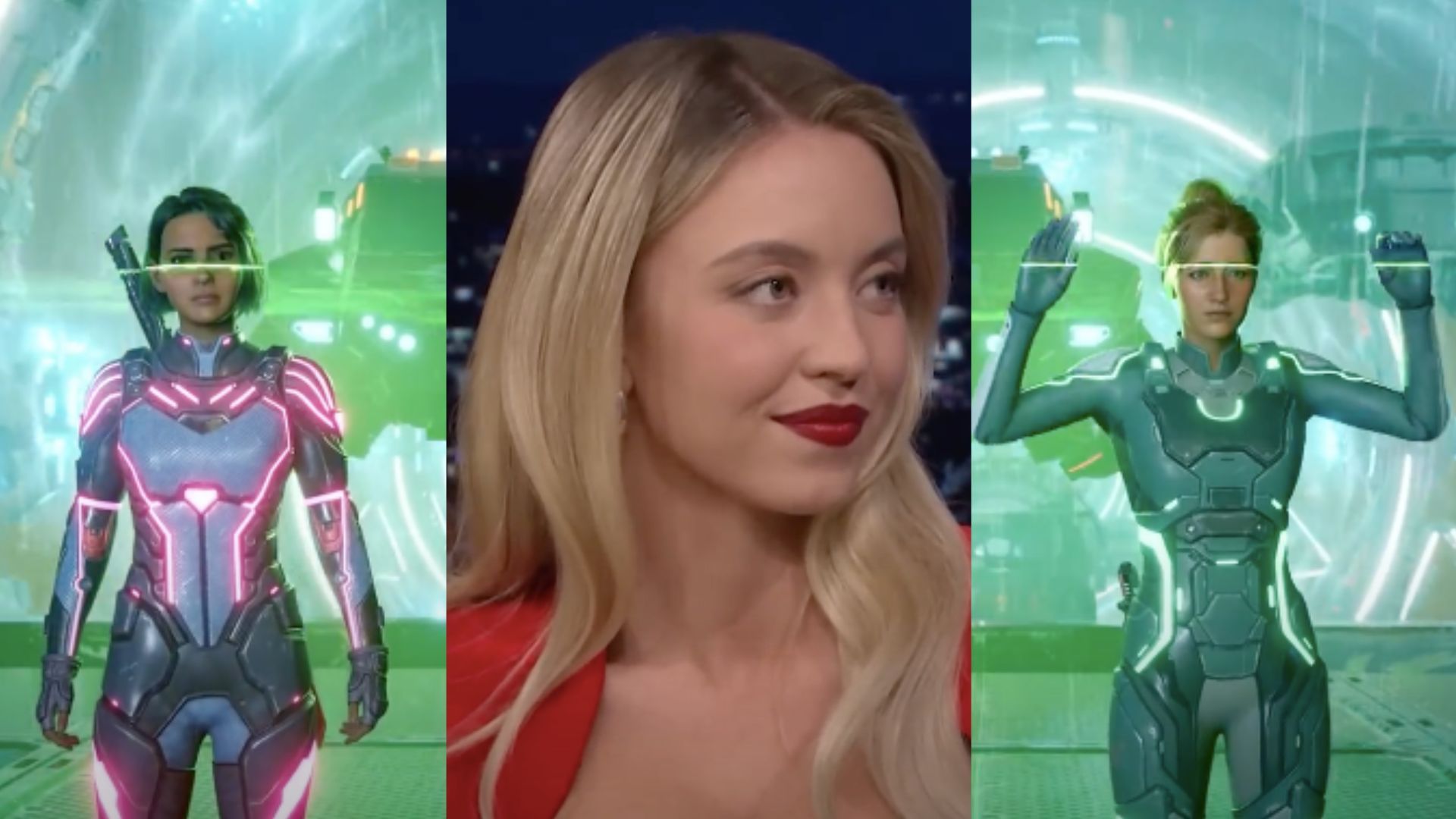 This is a collage of the images of the game characters Mio (left) and Zoe (right), and Sydney Sweeney (centre)