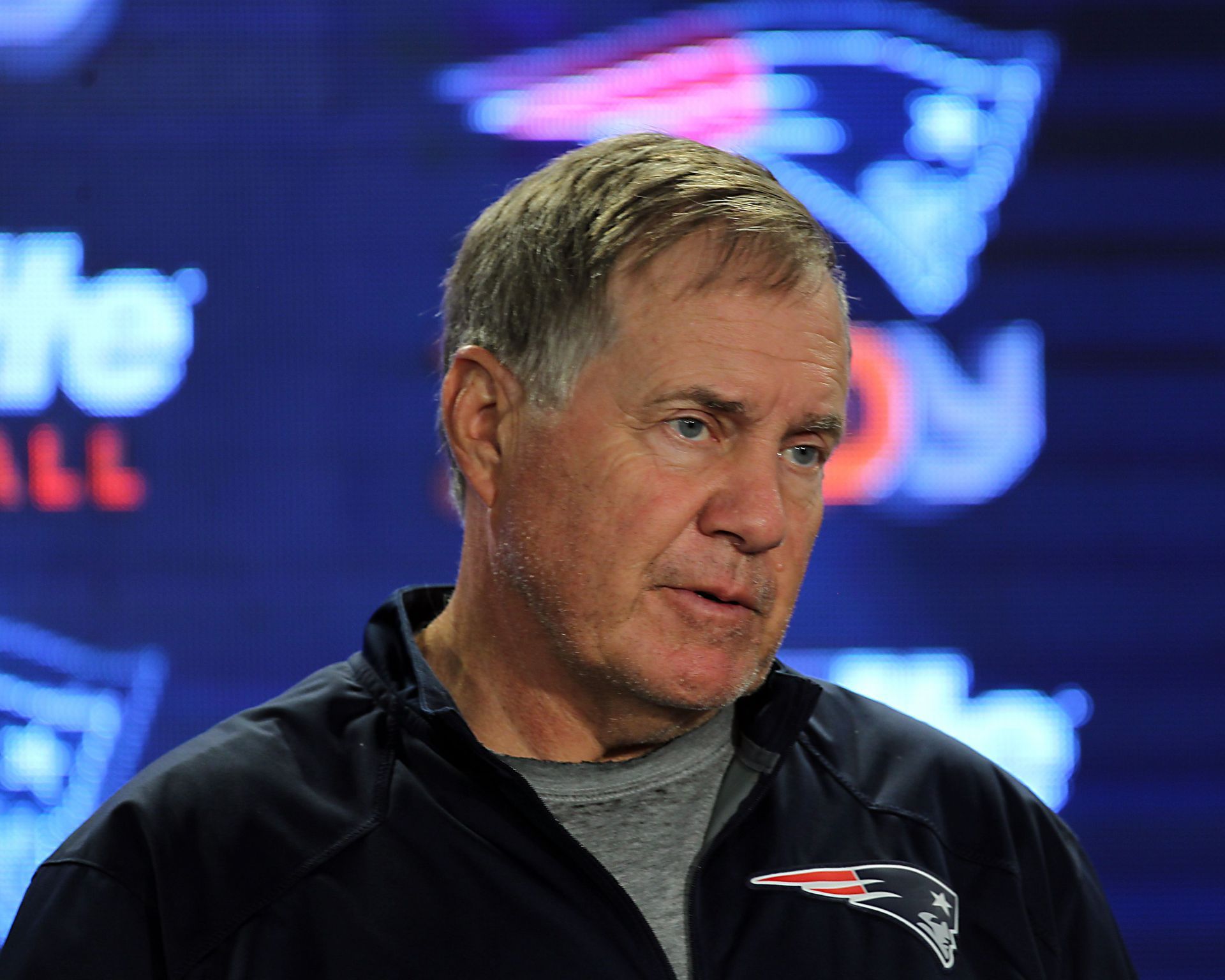 (Foxborough, MA, 08/08/15) Coach Bill Belichick talks to reporters before Patriots training camp. Saturday, August 8, 2015. Staff photo by John Wilcox. - Source: Getty