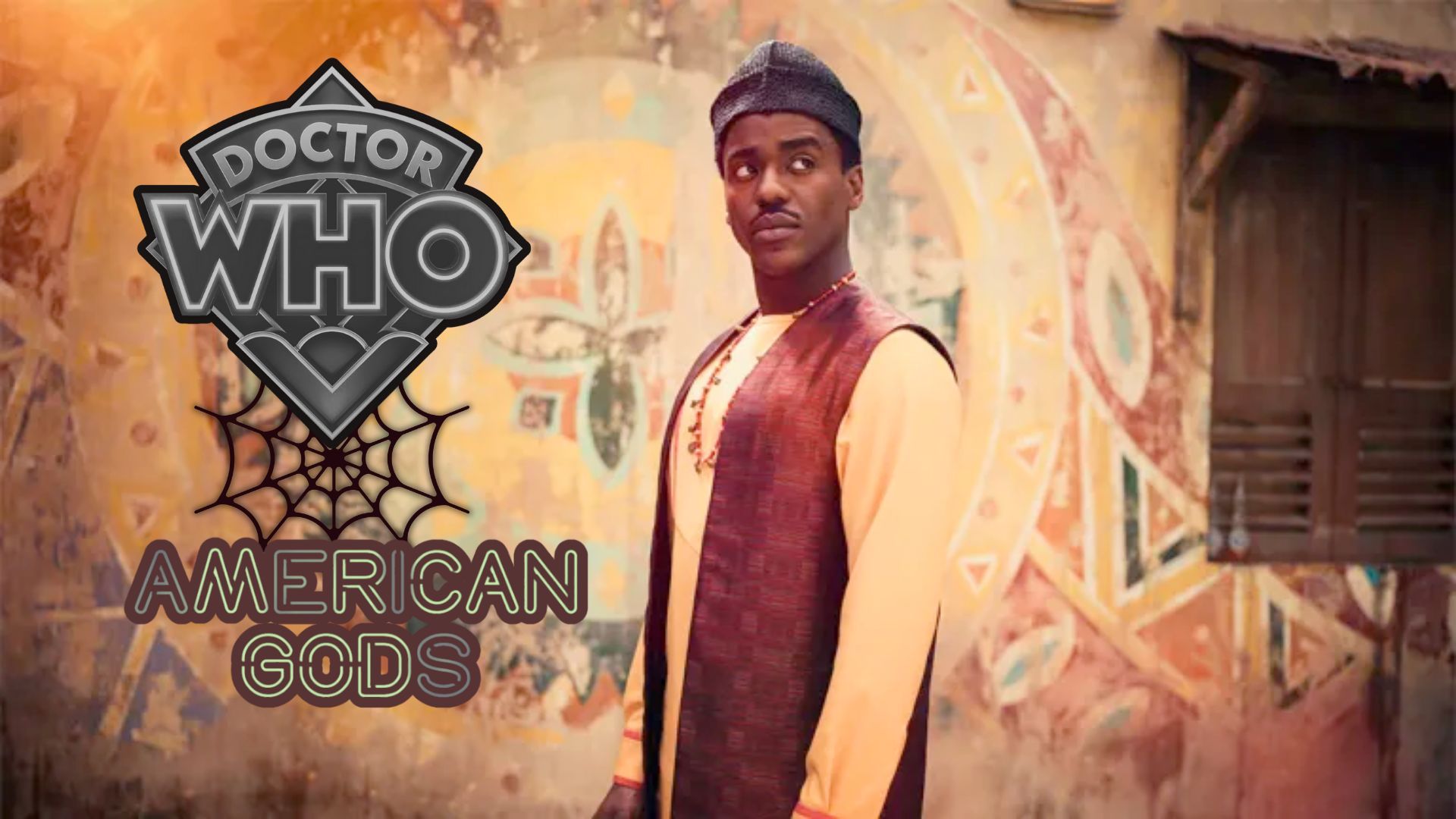 Scene from The Story and the Engine episode of Doctor Who + logo of the series and American Gods | Images via: Disney Plus &amp; Prime Video | Collage by: Beatrix Kondo of Soap Central