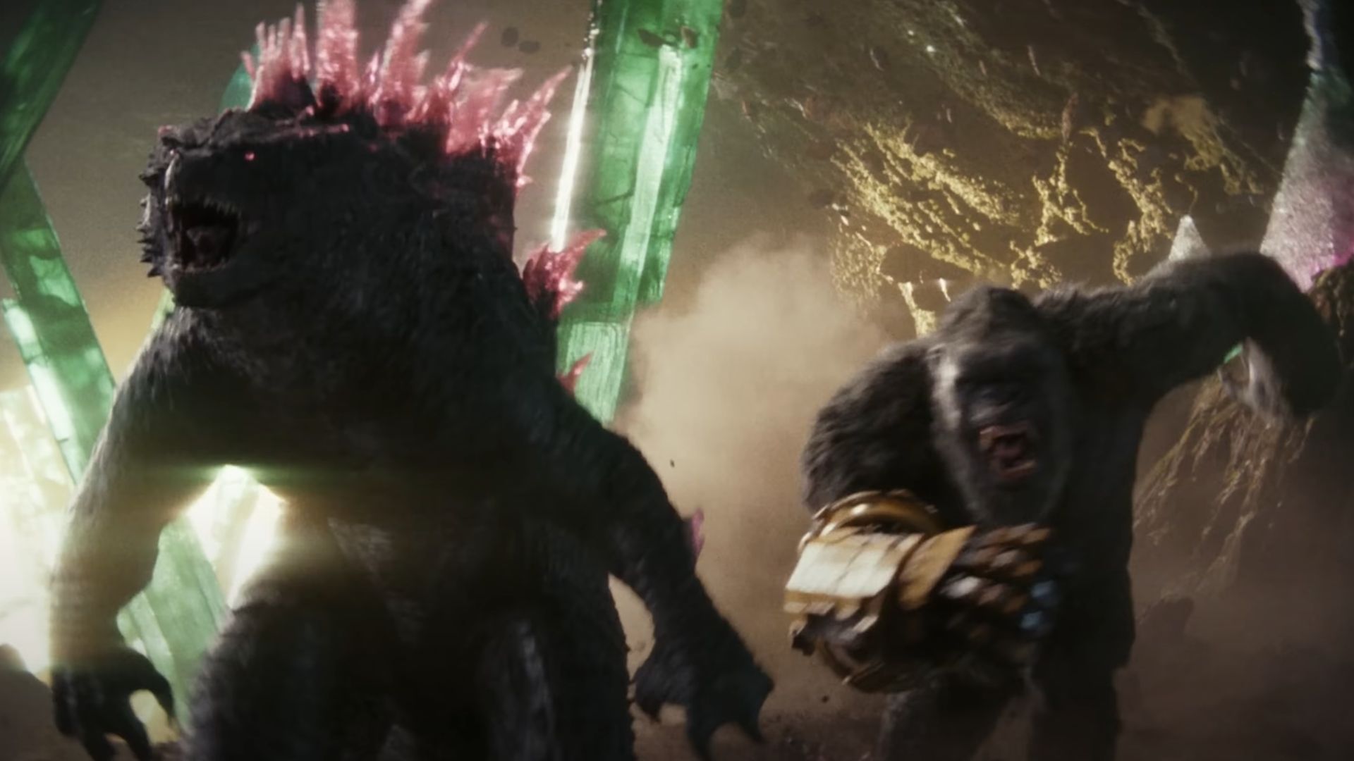Godzilla and Kong are seen running around