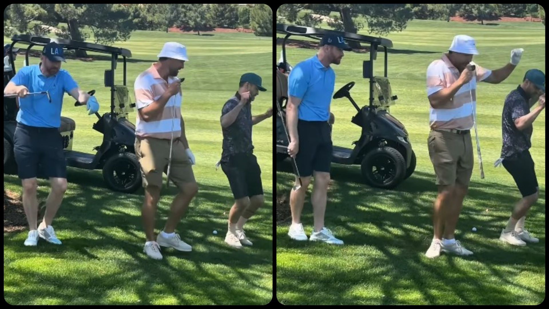 [L-R] Andrew Santino, Travis Kelce, and Justin Timberlake dancing to Curious (Image via Instagram/@justintimberlake)