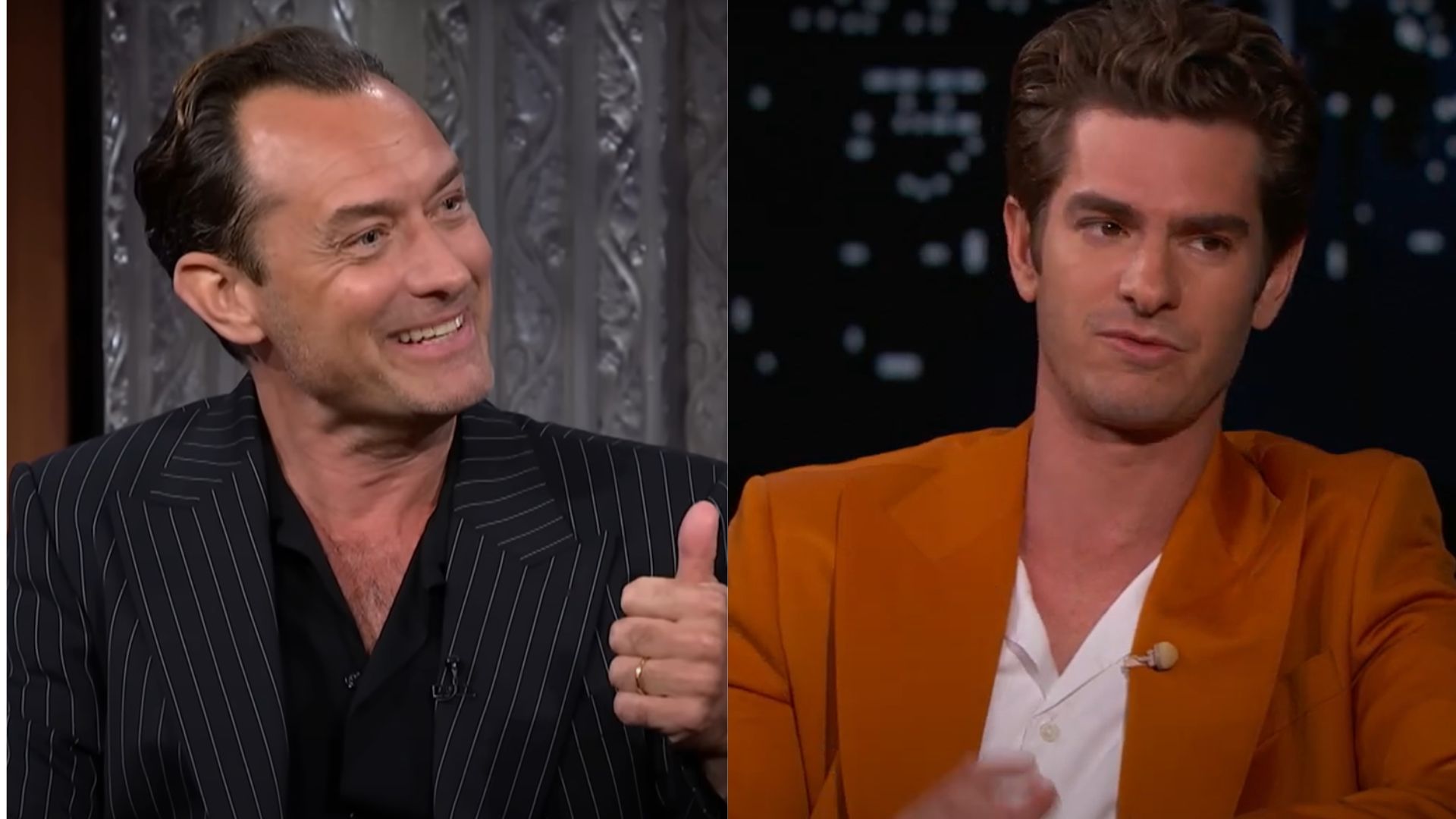 Wild Things: Apple TV limited series starring Jude Law and Andrew Garfield (Images via YouTube/The Late Show with Stephen Colbert and Jimmy Kimmel Live)