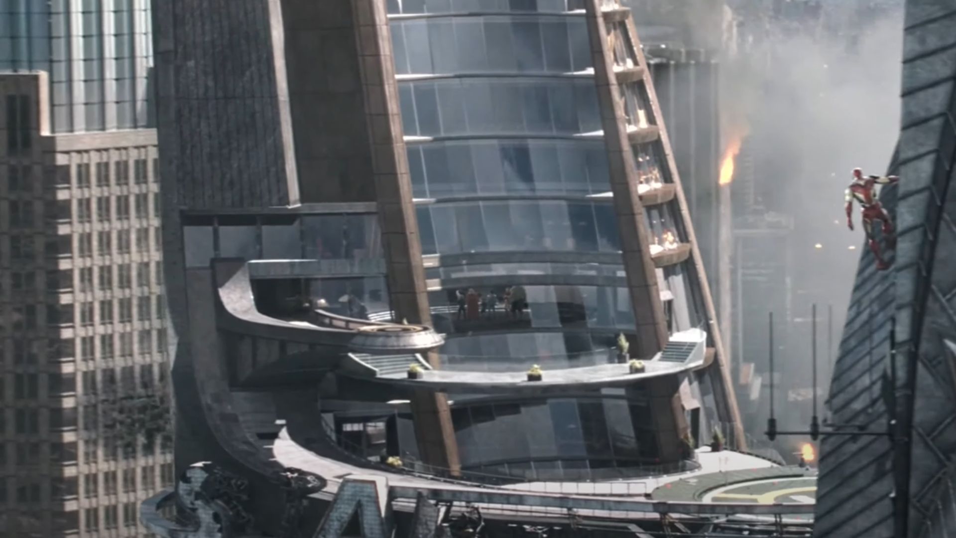 Iron Man watches over the Stark Tower during the time heist in Avengers: Endgame