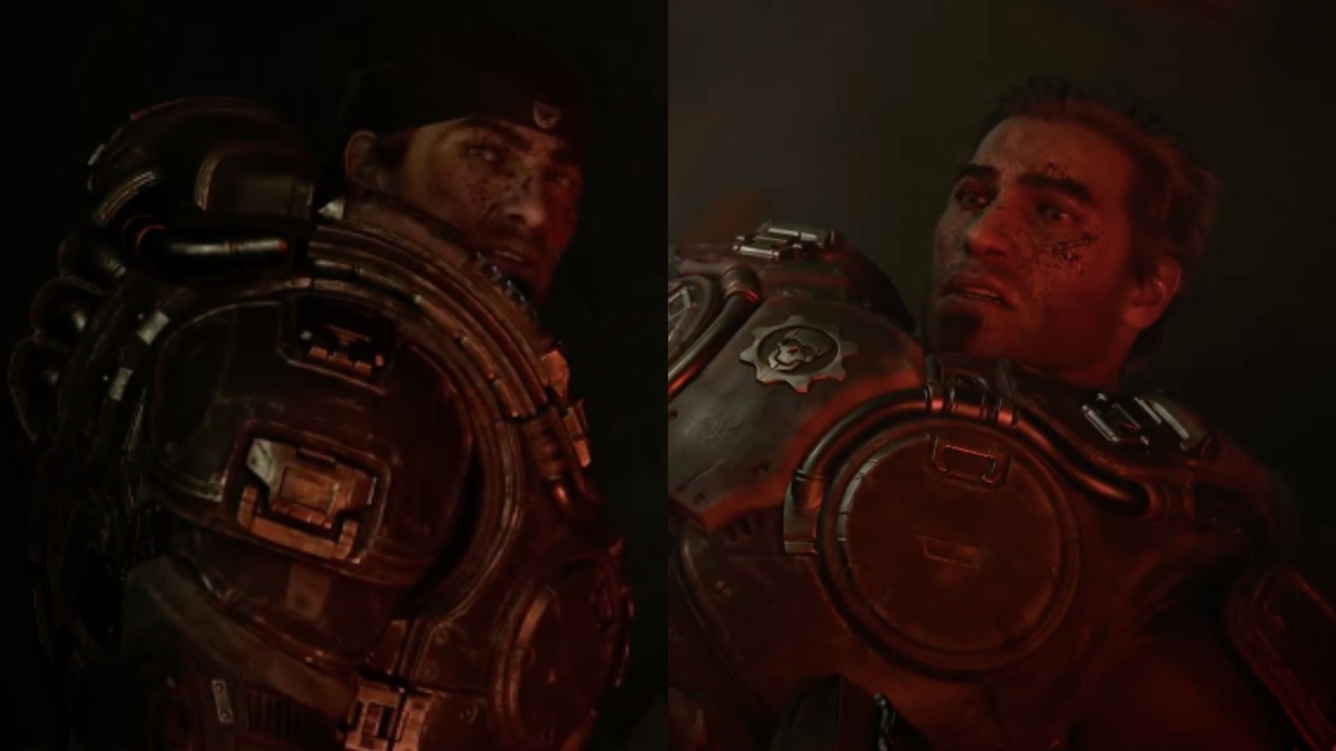 This is the collage of two images of Marcus Fenix from Gears of War: E-Day 