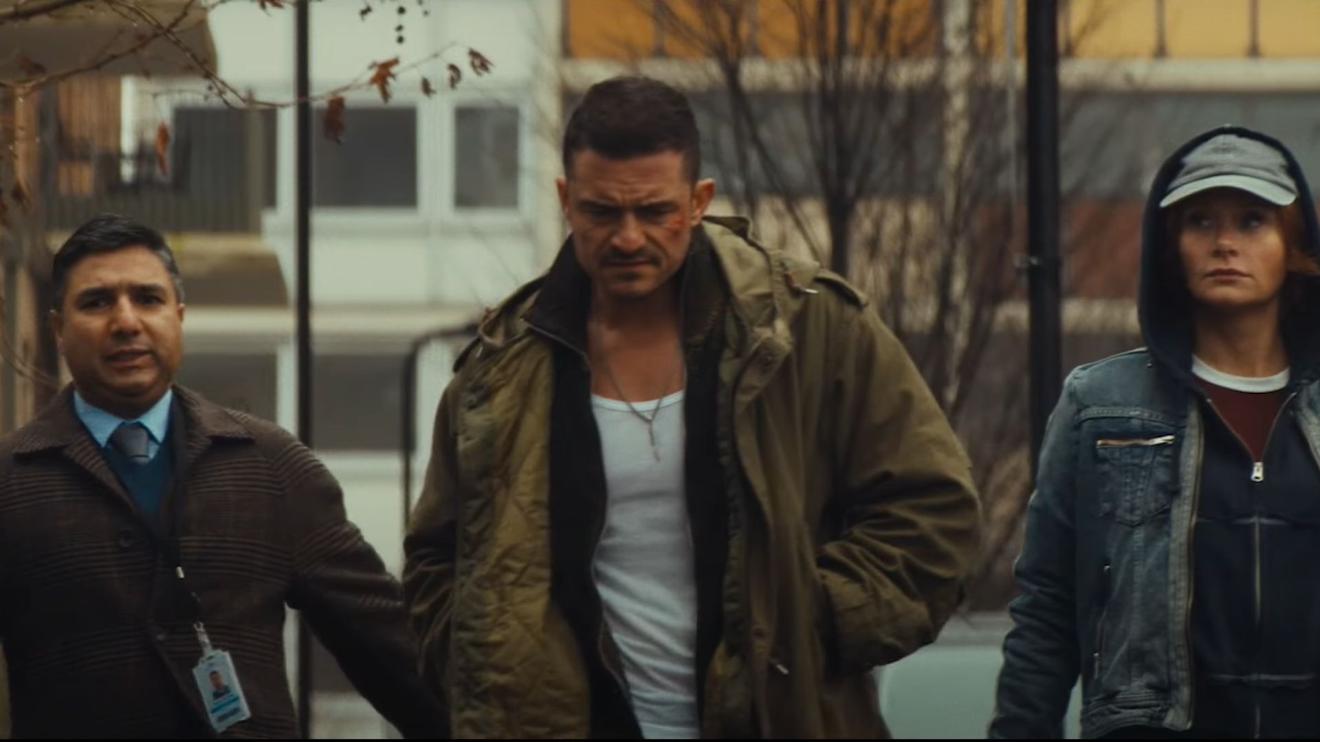 From left, Nick Mohammed, Orlando Bloom, and Bryce Dallas Howard