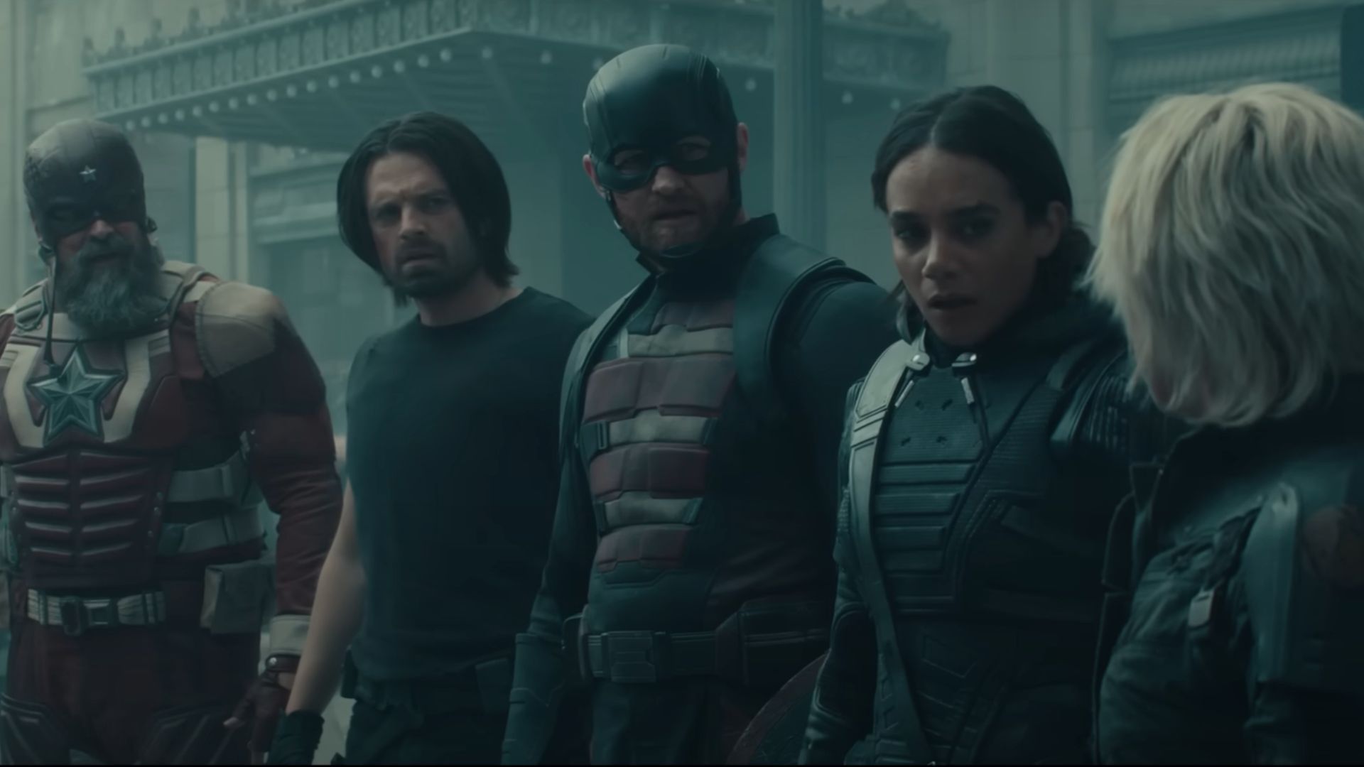 Red Guardian, Bucky, U.S. Agent, and Ghost looking at Yelena