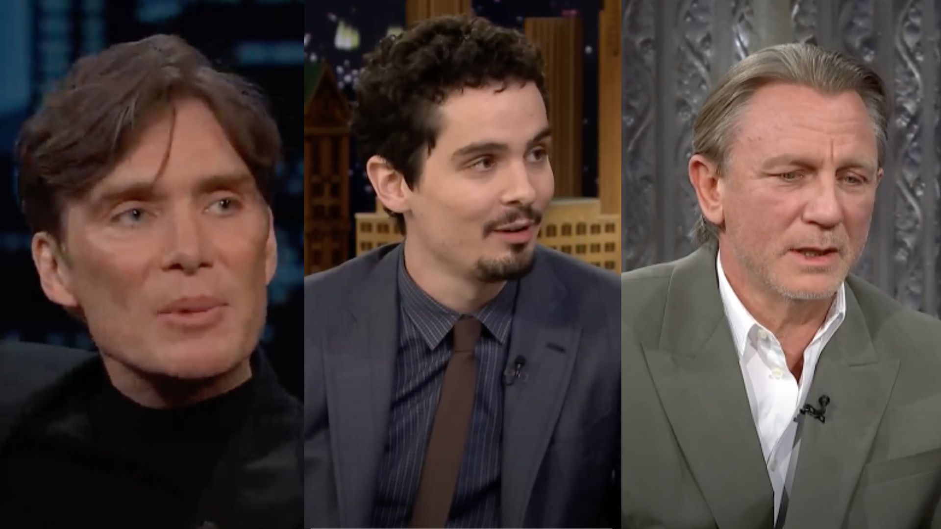 This is a collage of the images of Cillian Murphy (left), Daniel Craig (right) and Damien Chazelle (centre)