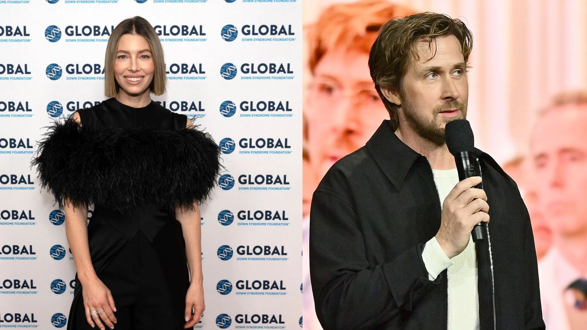Jessica Biel &amp; Ryan Gosling - Source: Photo by Tom Cooper/Getty Images for Global Down Syndrome Foundation, Photo by Jerod Harris/Getty Images for CinemaCon