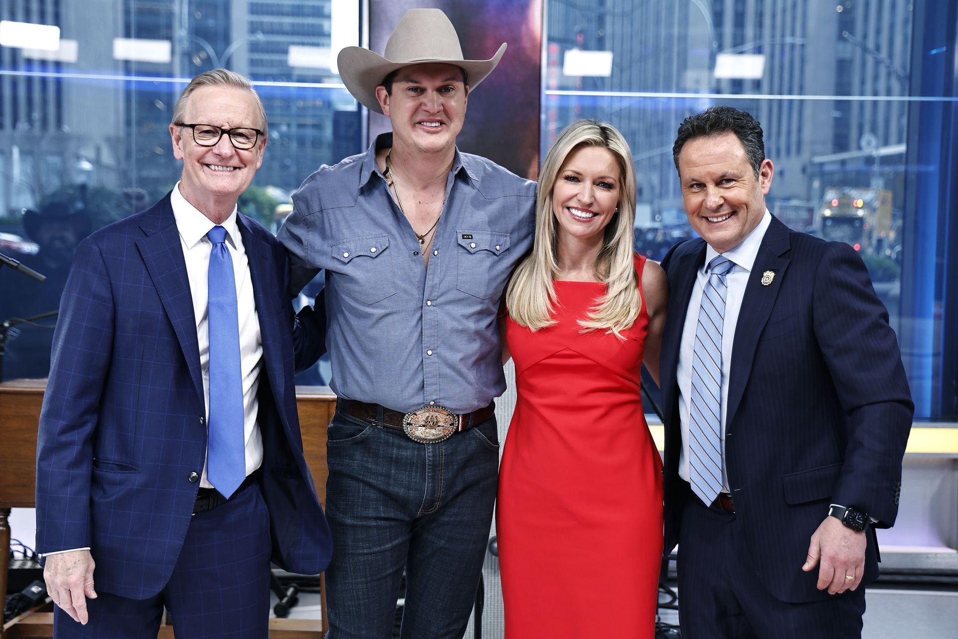 [L-R] Steve Doocy, Jon Pardi, Ainsley Earhardt and Brian Kilmeade (Image via John Lamparski/Getty Images)