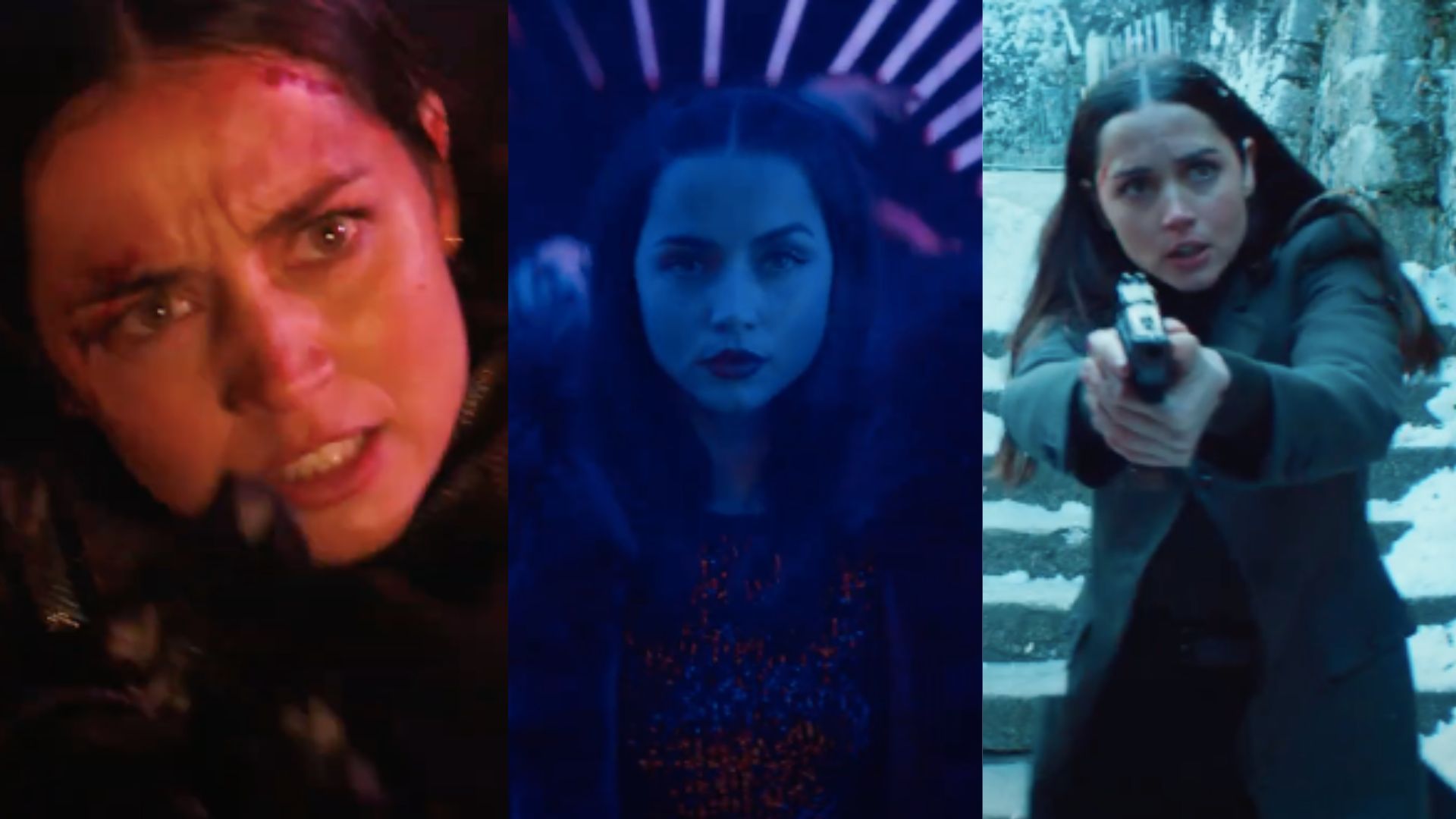 This is a collage of three stills of Ana de Armas in 